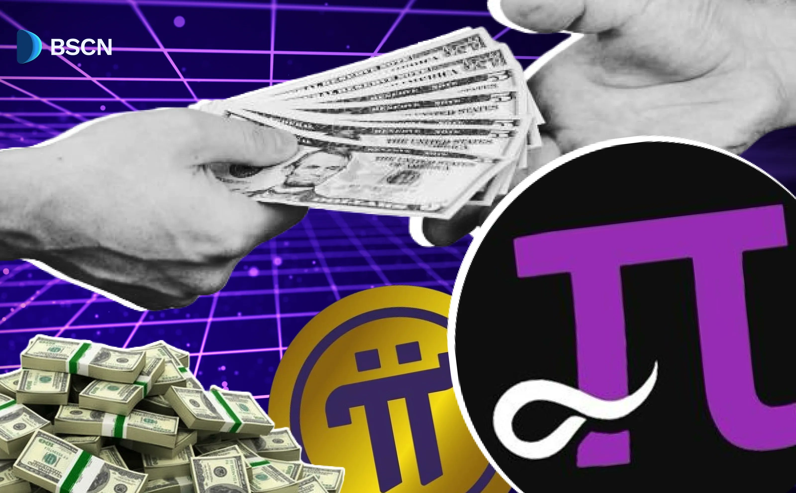 Pi Networkのシンボルとともに現金を交換する手