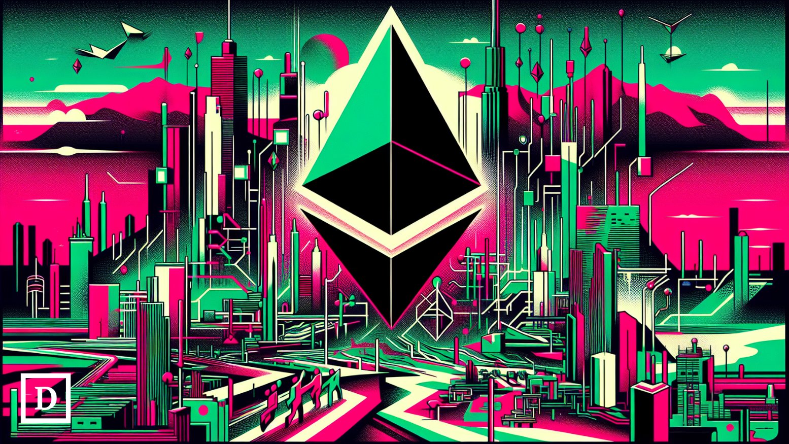 未来的なEthereum都市景観と大きく映るEthereumロゴ