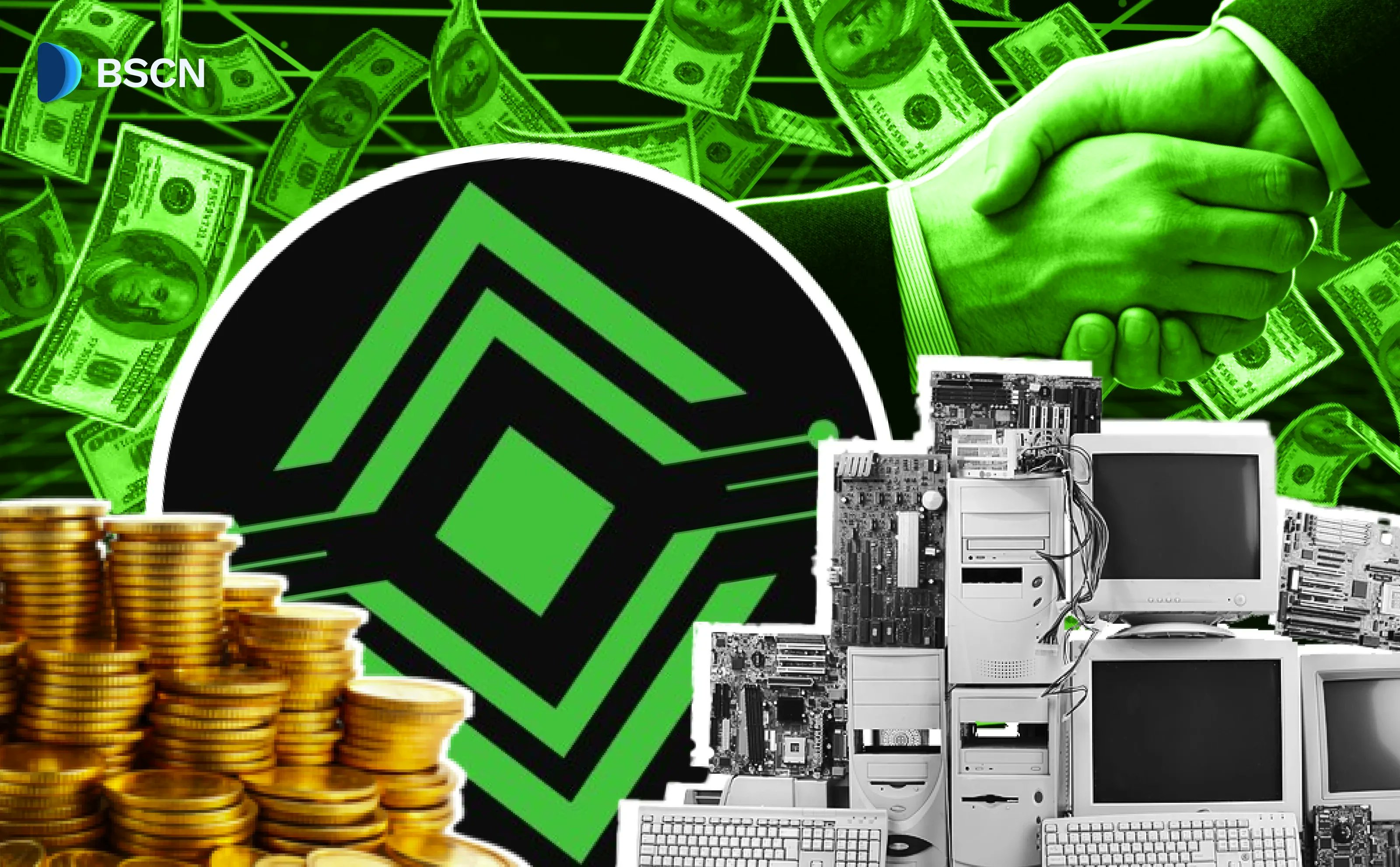 컴퓨터, 동전, 악수를 특징으로 한 NodeGoAI 프로젝트 이미지