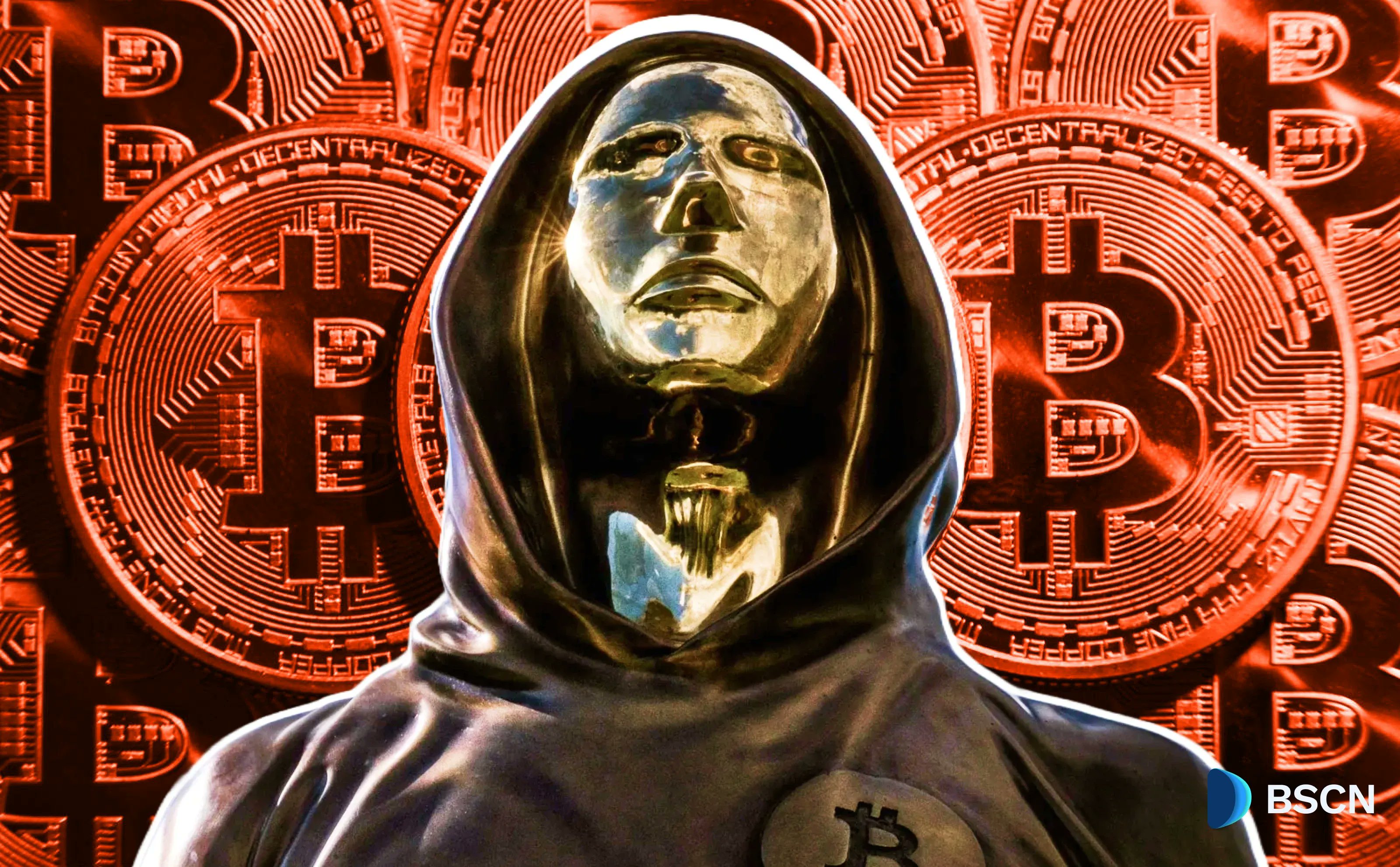 ビットコインのシンボルに囲まれた金属マスクをつけたフード姿の人物