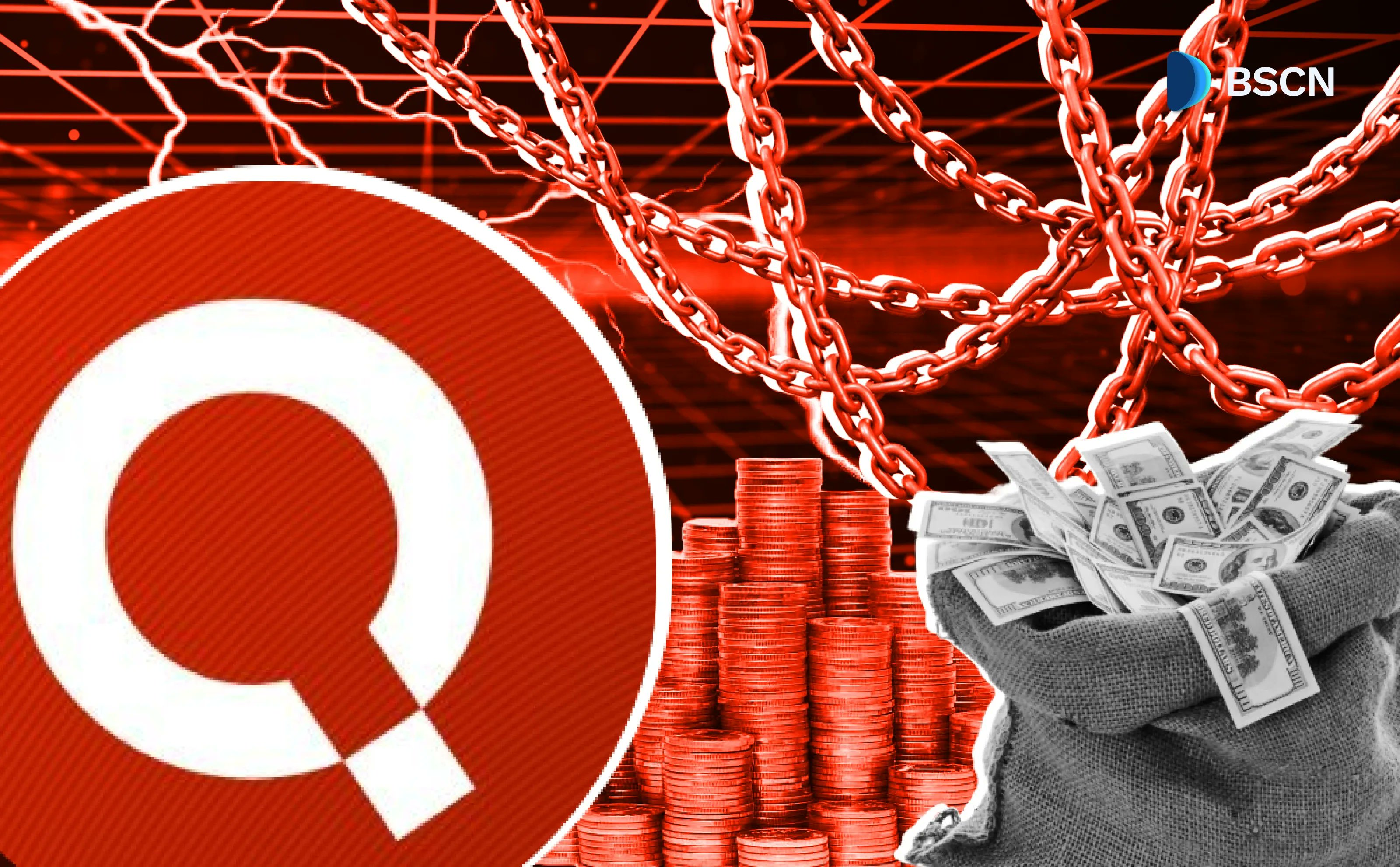 Q 로고, 코인, 현금 자루, 체인이 포함된 Quai Network 이미지