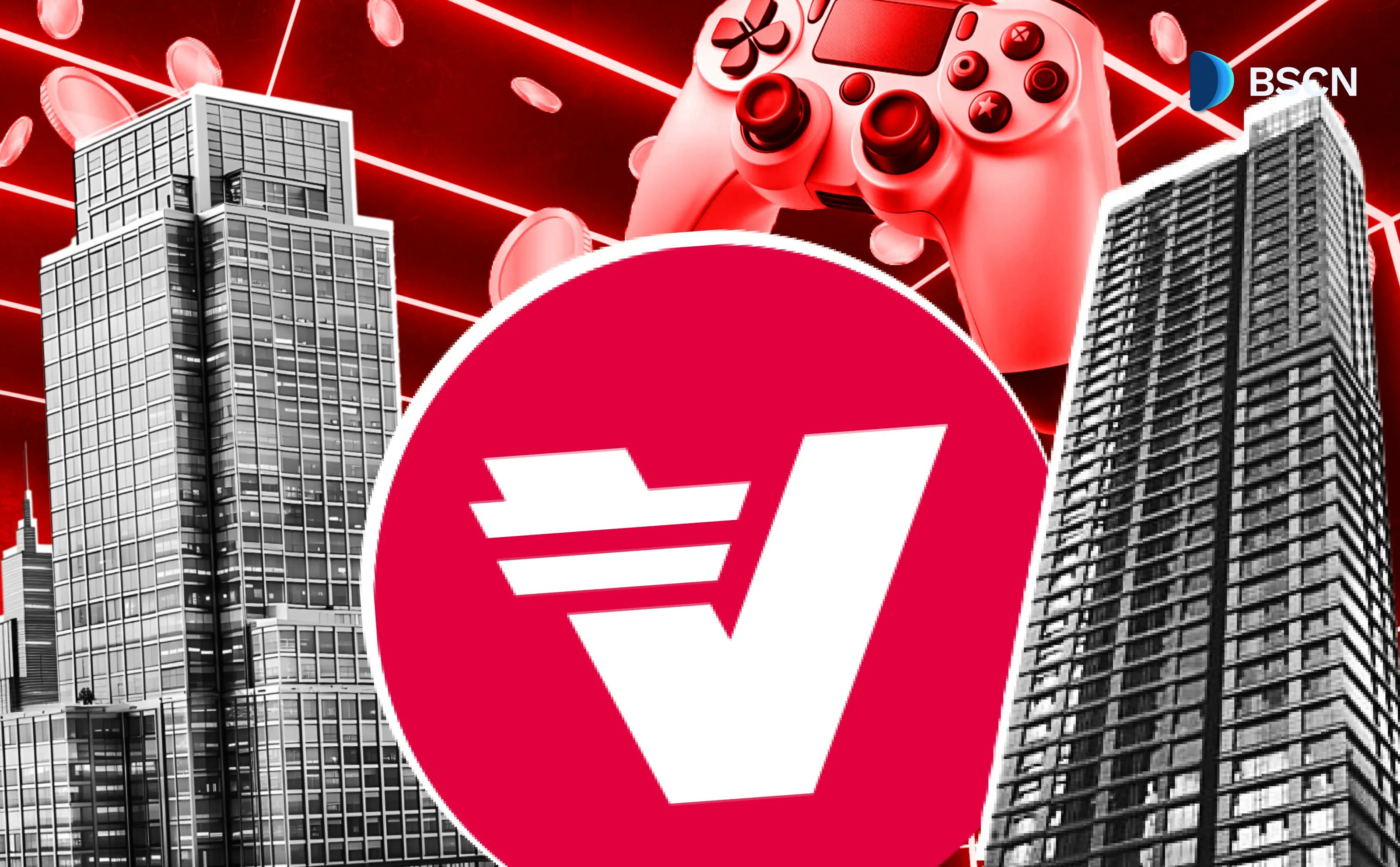 Verasity VRA 代币与游戏手柄和摩天大楼