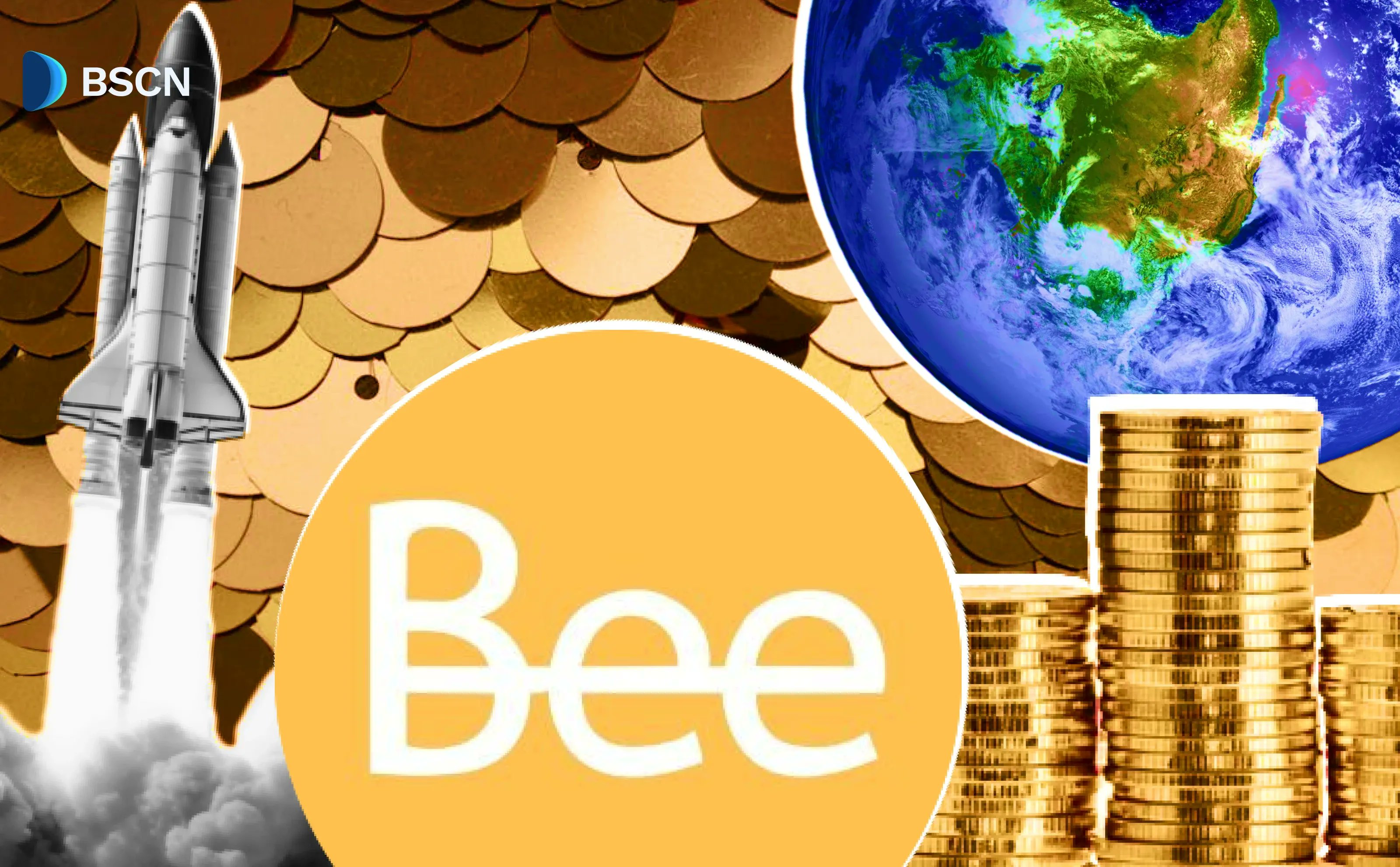 ロケット、地球、金貨が描かれたBee Tokenローンチのグラフィック