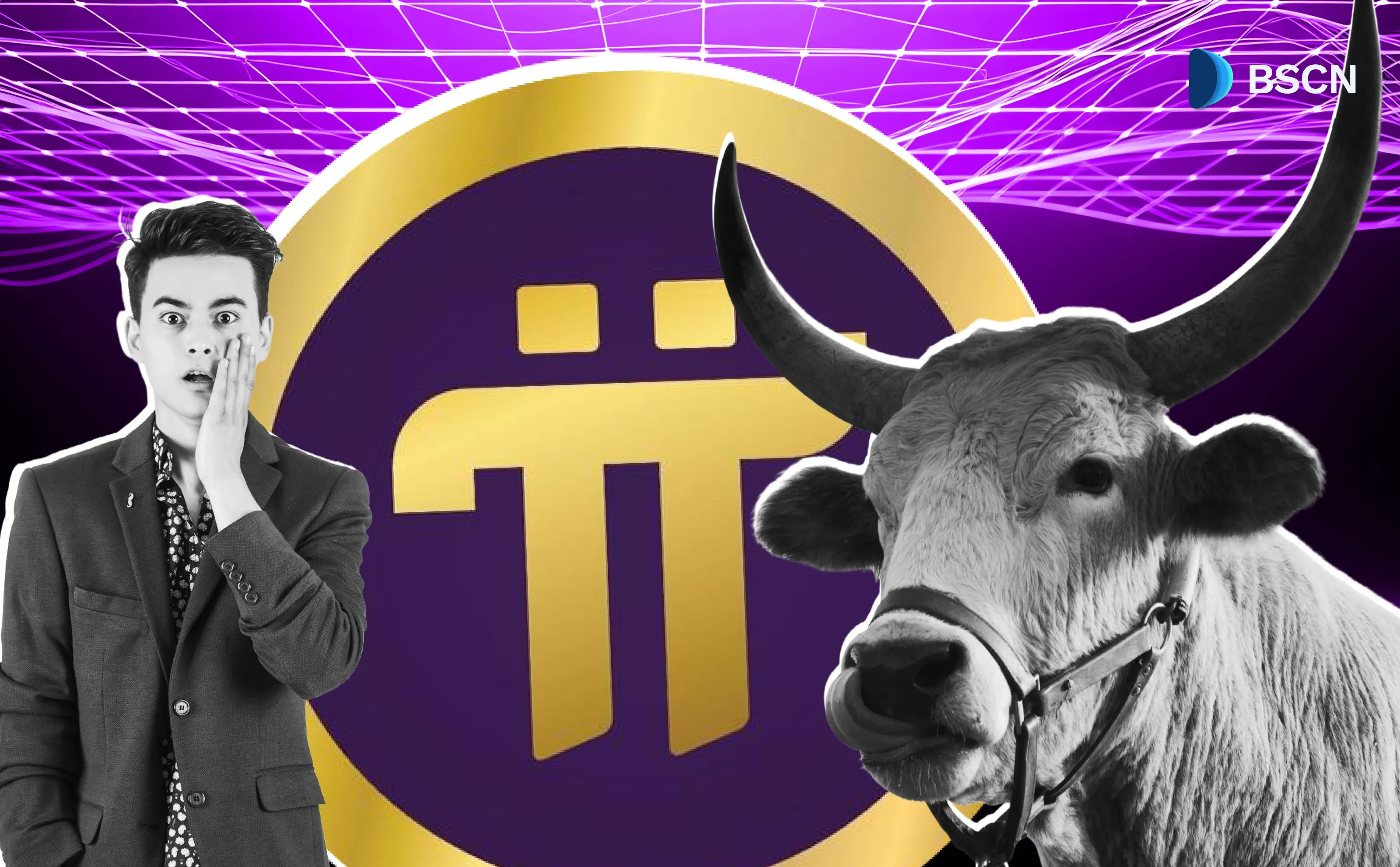 놀란 남자, 황소, Pi 코인 로고가 담긴 Pi Network 낙관 이미지