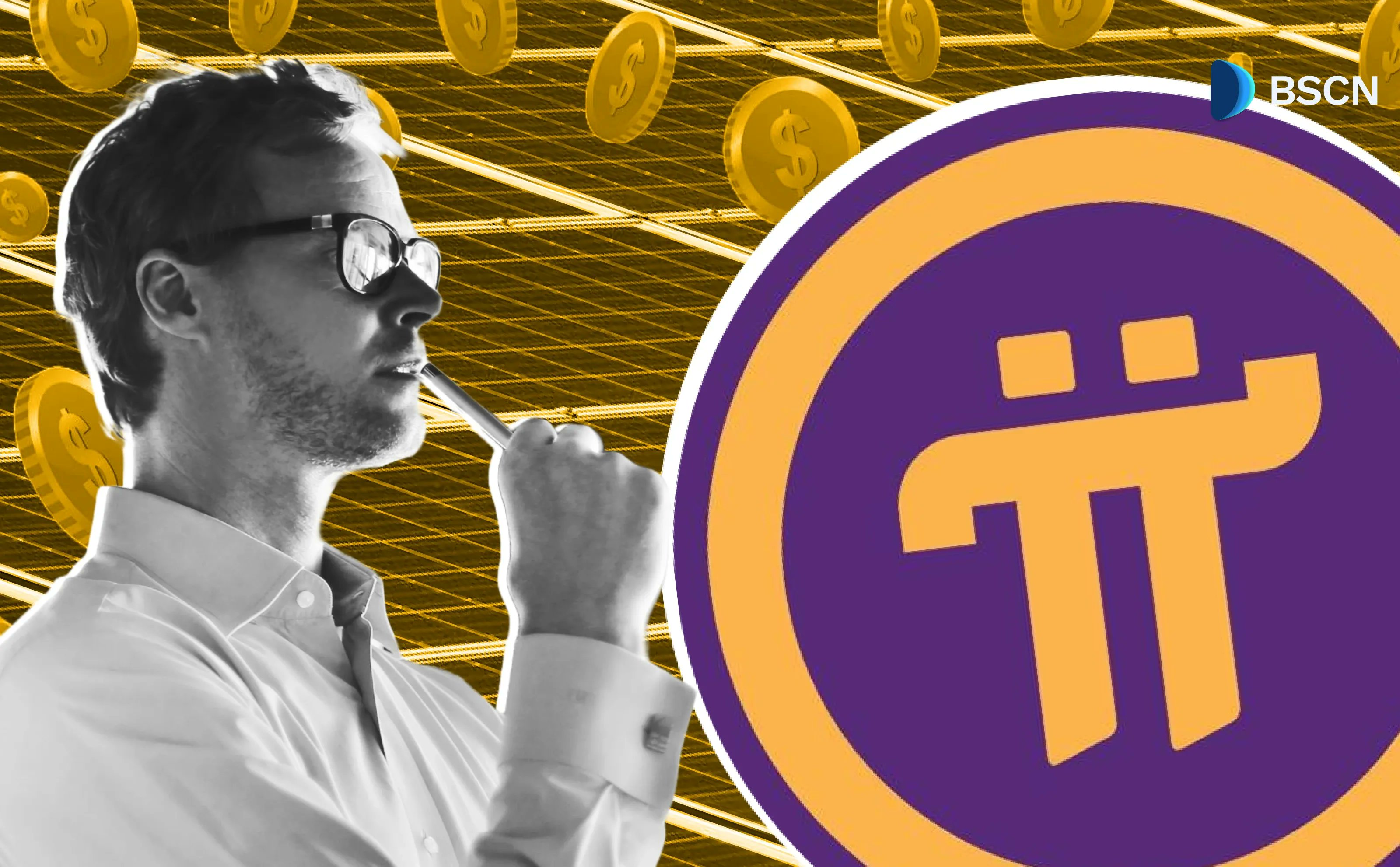 Pi Network price analysis featuring the Pi logo and a thoughtful figure with coins