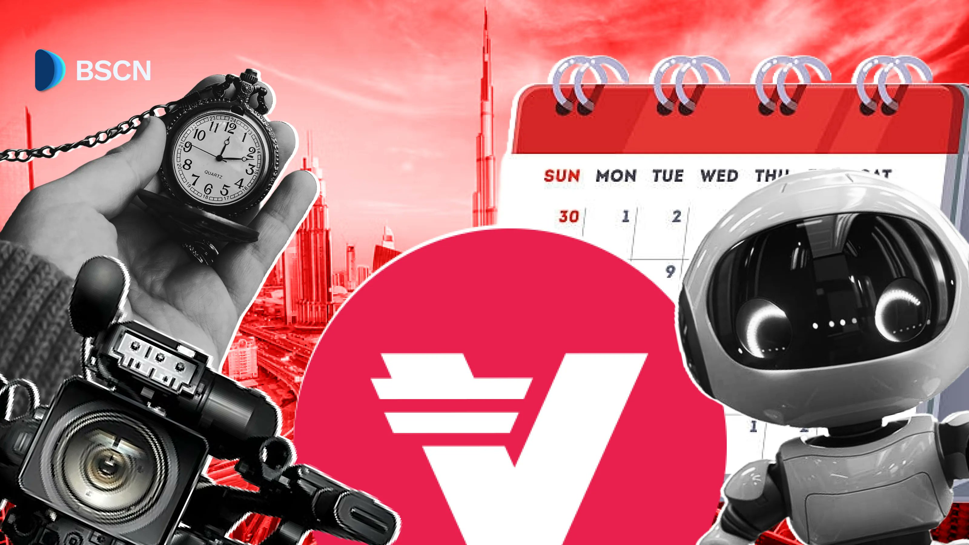 $VRA 로고가 있는 시계, 달력, 로봇이 포함된 Verasity 2025년 2분기 업데이트