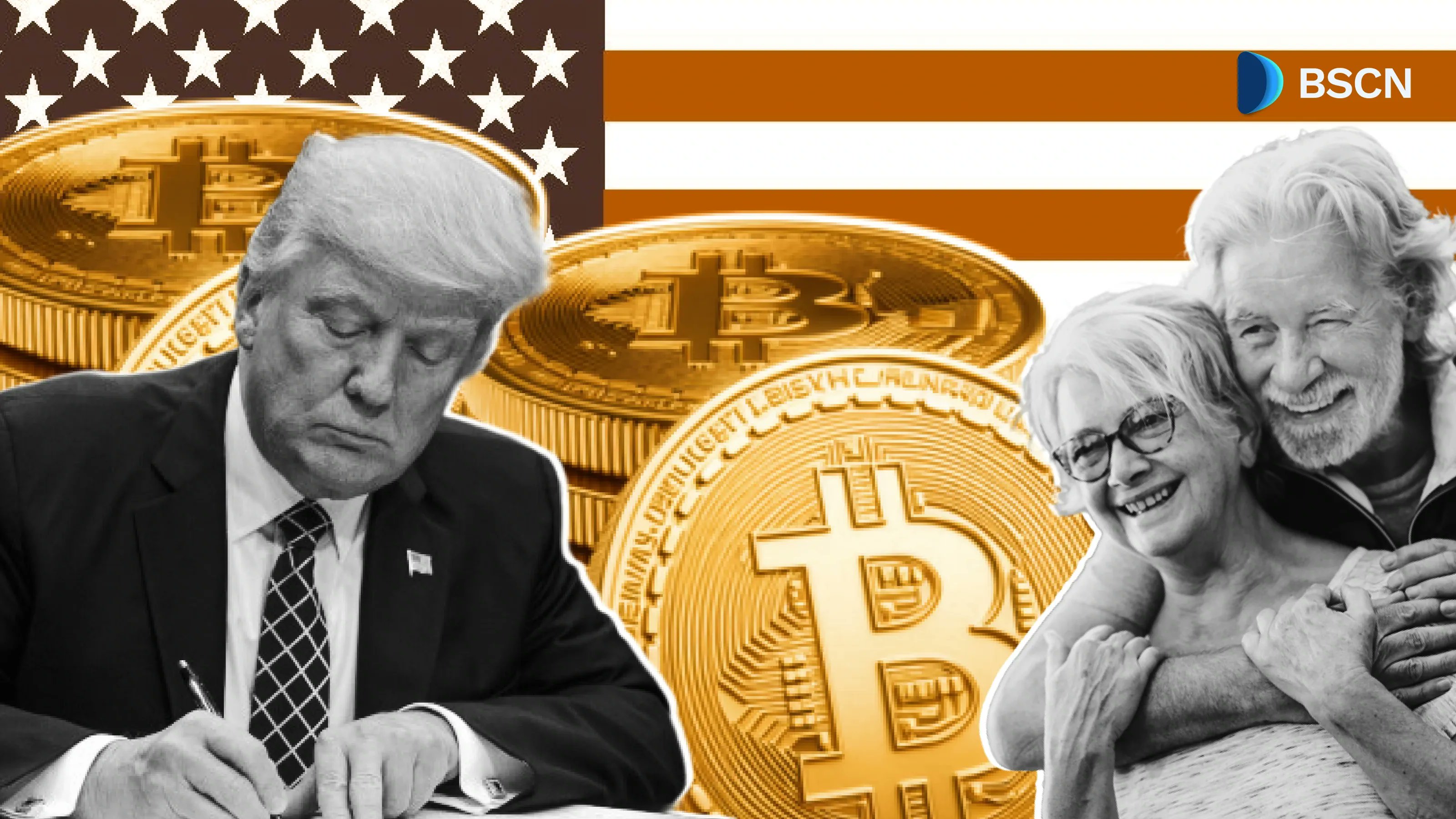 Trump signing executive order with Bitcoin and elderly couple imagery