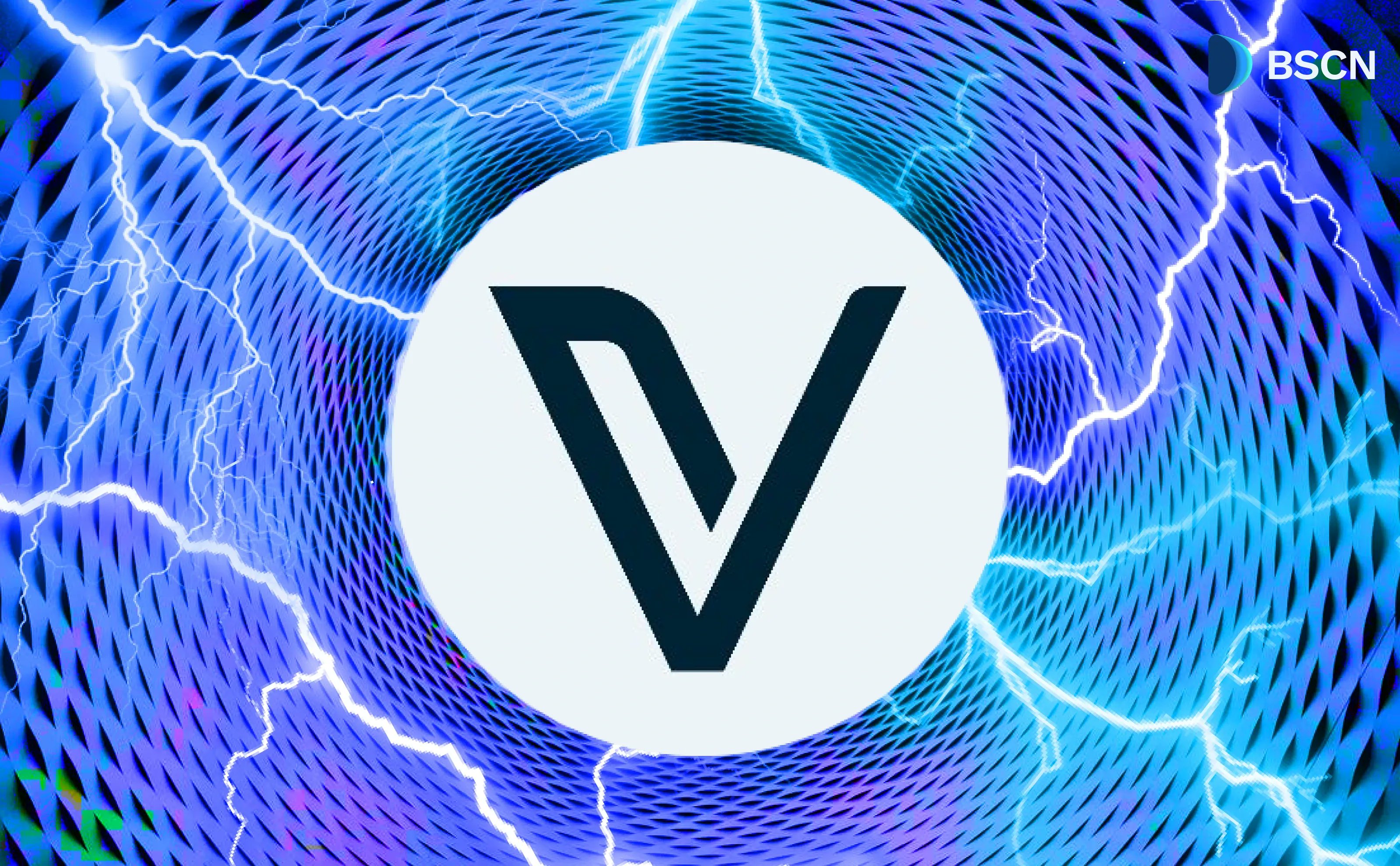 VeChain logo with electric blue lightning background