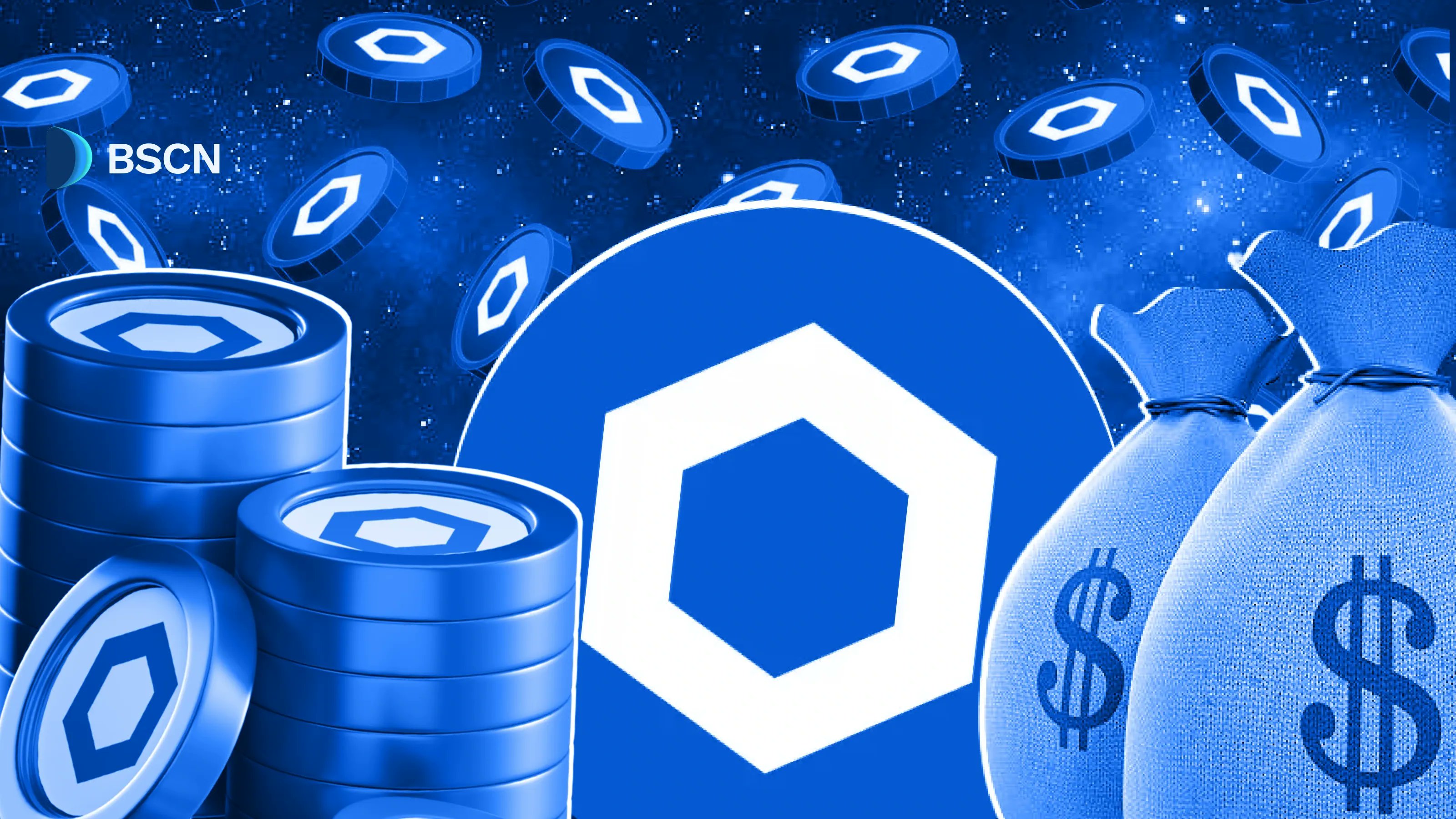 Chainlink Reserve with LINK tokens, stacks of coins, and money bags against a cosmic background