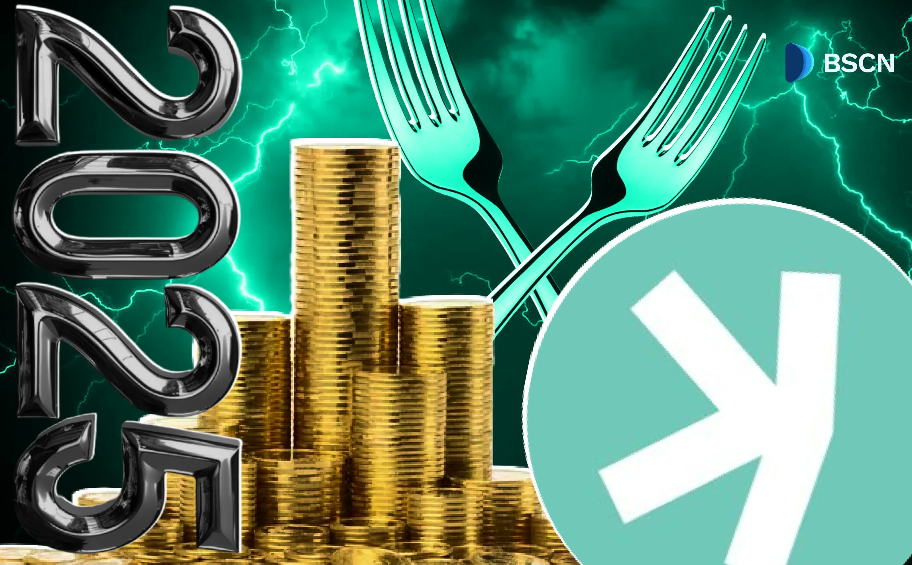 Kaspa 2025 Update featuring $KAS logo, gold coins, and forks with a green background