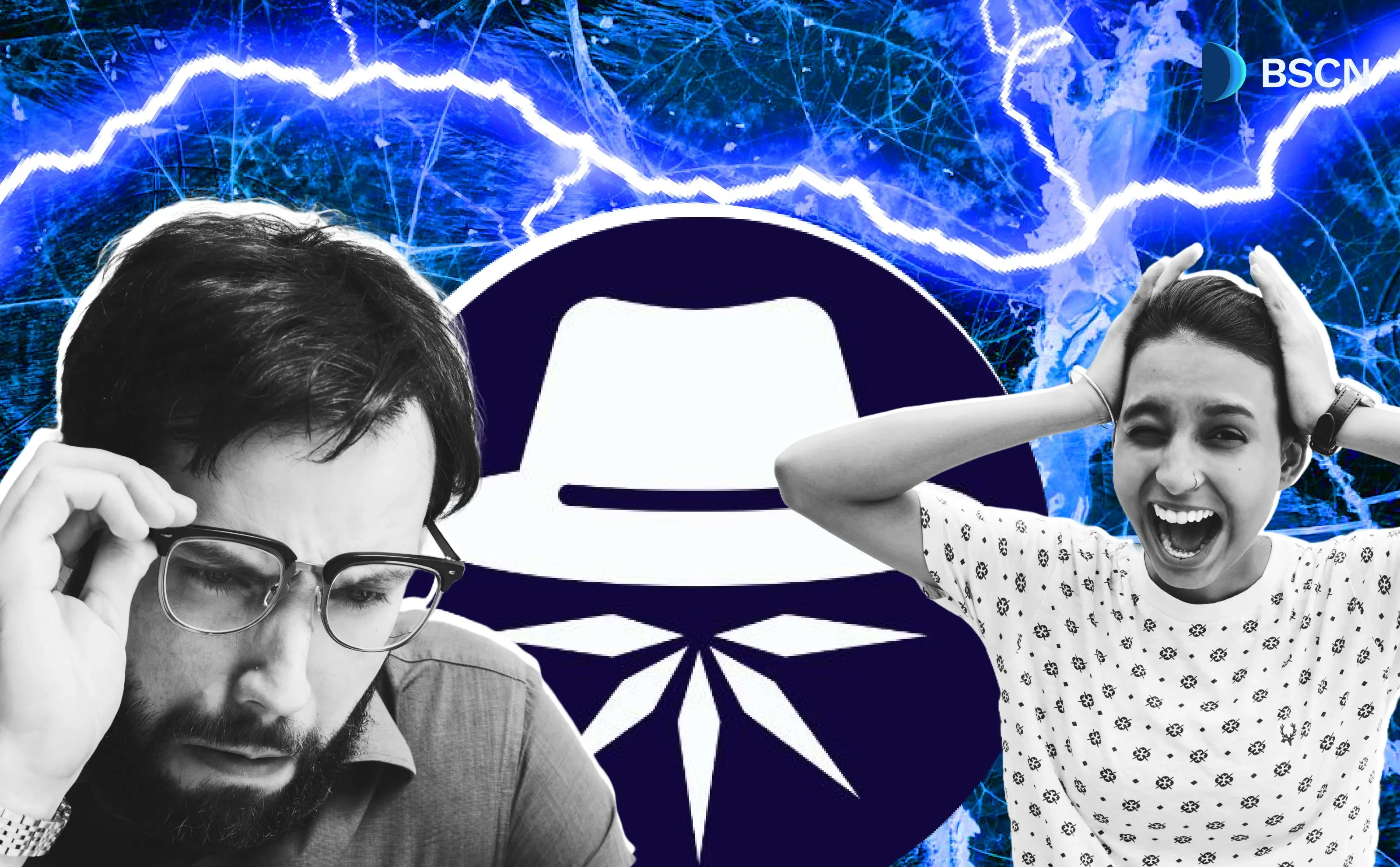 تحليل توكن $ION من بلوكتشين آيس يعرض صورة ديناميكية مع شخصية هاكر ومستخدم مصاب بالصدمة