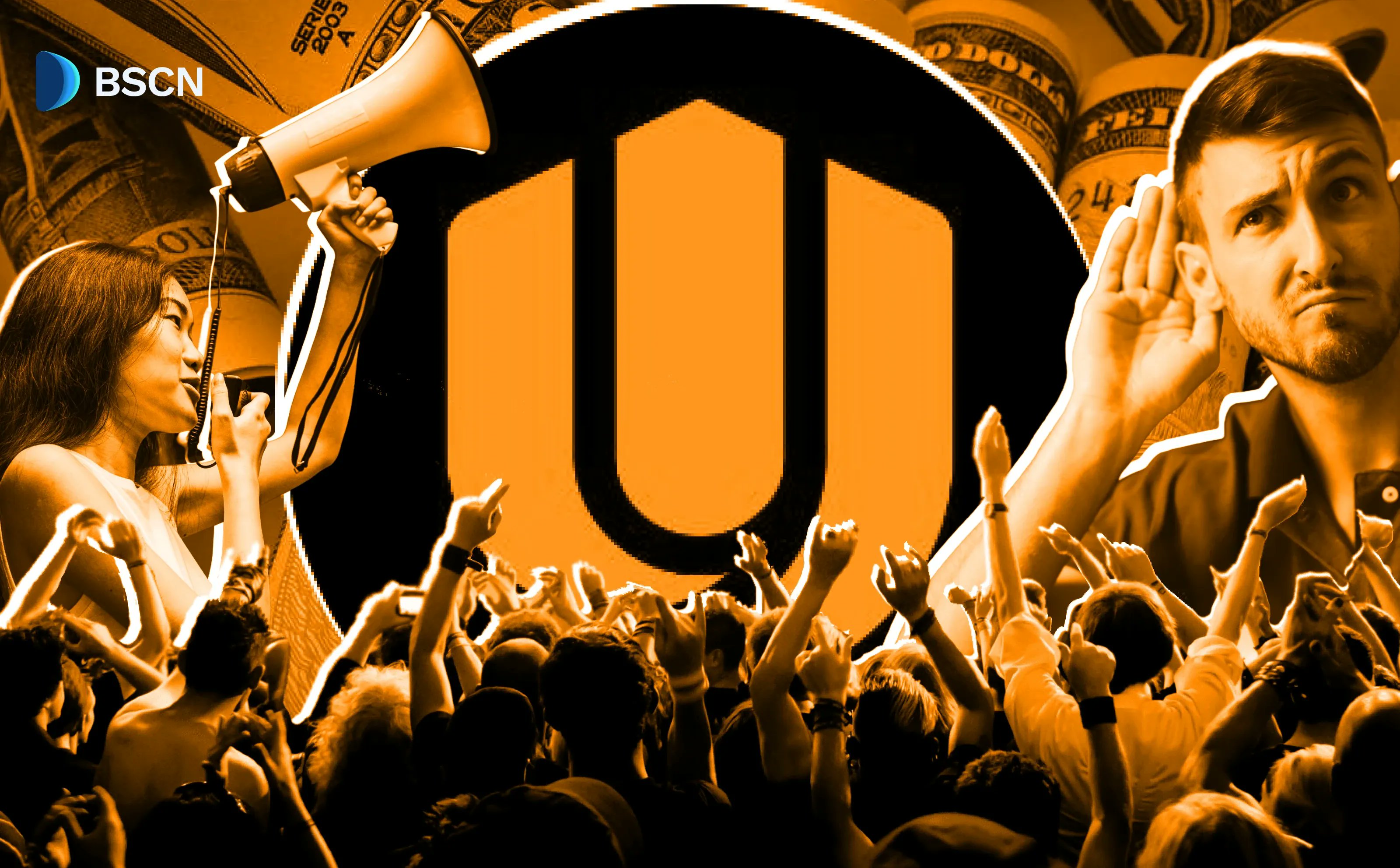 Unich platform announcement with crowd and megaphone imagery