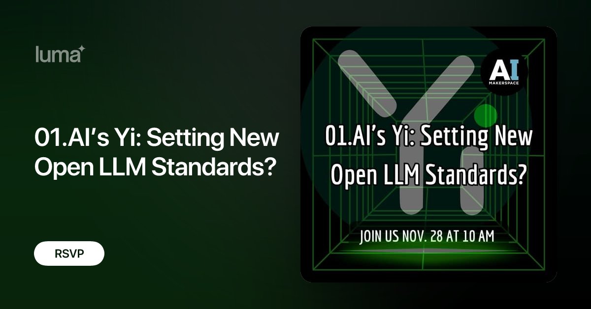 AIMakerspace's tweet card. On November 23, 2023, Kai-Fu Lee’s 01.AI opened their Yi chat models to the public. The large model is 34B parameters (compared to Llama 2’s 70B), and the…