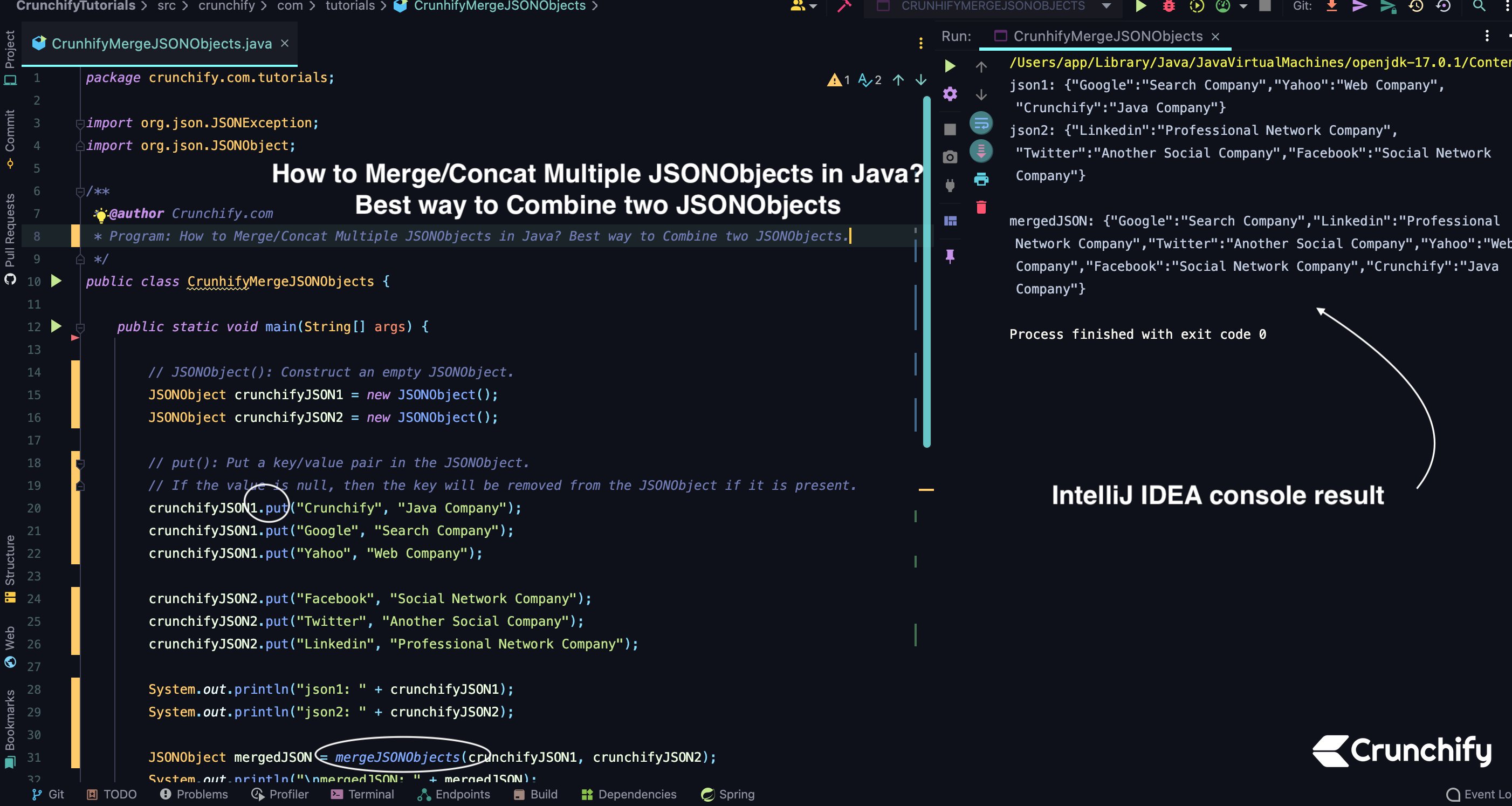 Crunchify's tweet card. In Java - What is the best way to combine / merge multiple JSONObjects? JSONObject is an unordered collection of name/value pairs and widely used in