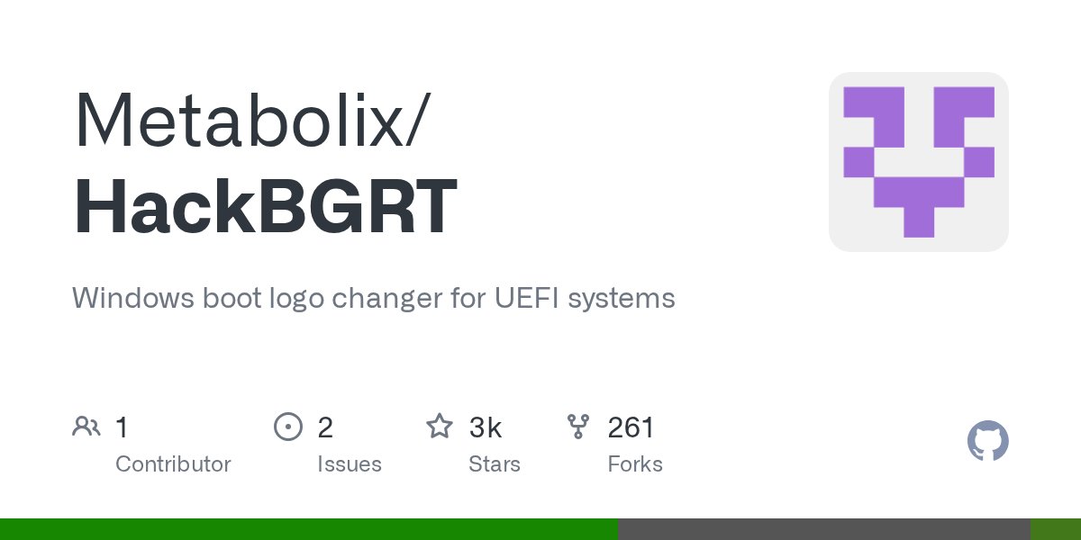 SelfRefDev's tweet card. Windows boot logo changer for UEFI systems. Contribute to Metabolix/HackBGRT development by creating an account on GitHub.