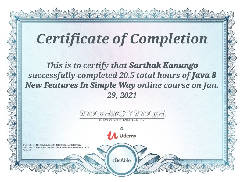 skanungodgacm's tweet card. Java 8 New Features certification completed... #Java8NewFeatures... Thanks to Durga Software Solutions and Udemy