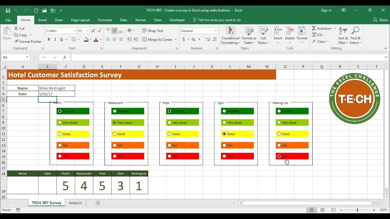 excelchallenge's tweet card. TECH-007 - Create a survey in Excel using Option Buttons (a.k.a....