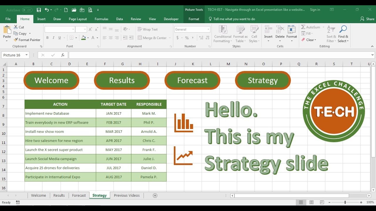 excelchallenge's tweet card. TECH-017 - Create a presentation in Excel and navigate through it...