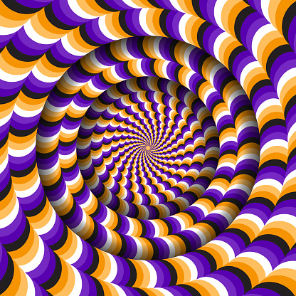 yurrey_p's tweet card. Abstract round frame with a rotating purple orange wavy pattern. Optical illusion hypnotic background.