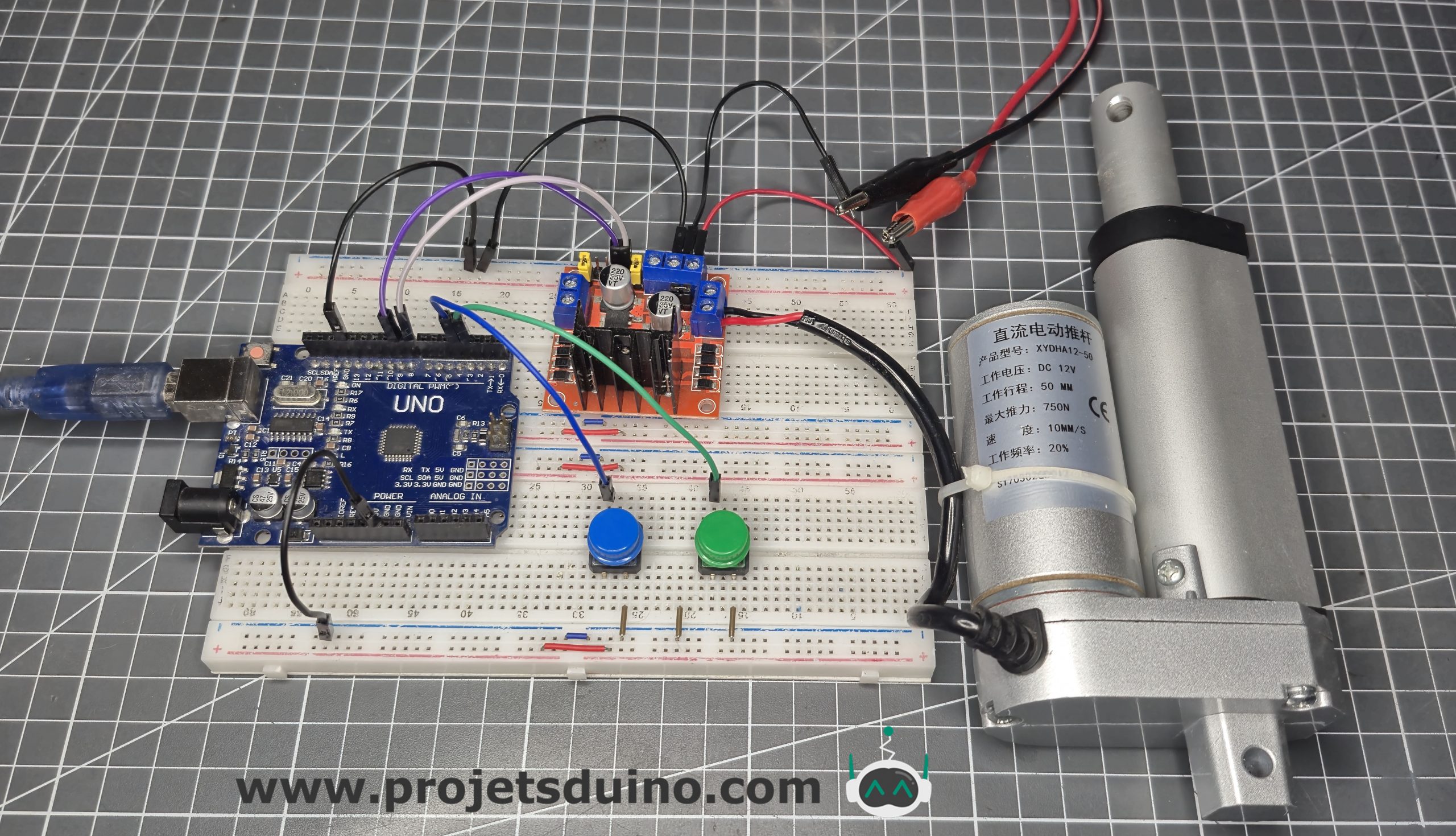 Projetsduino's tweet card. Piloter un vérin électrique 12V avec L298N, 2 boutons et un arduino