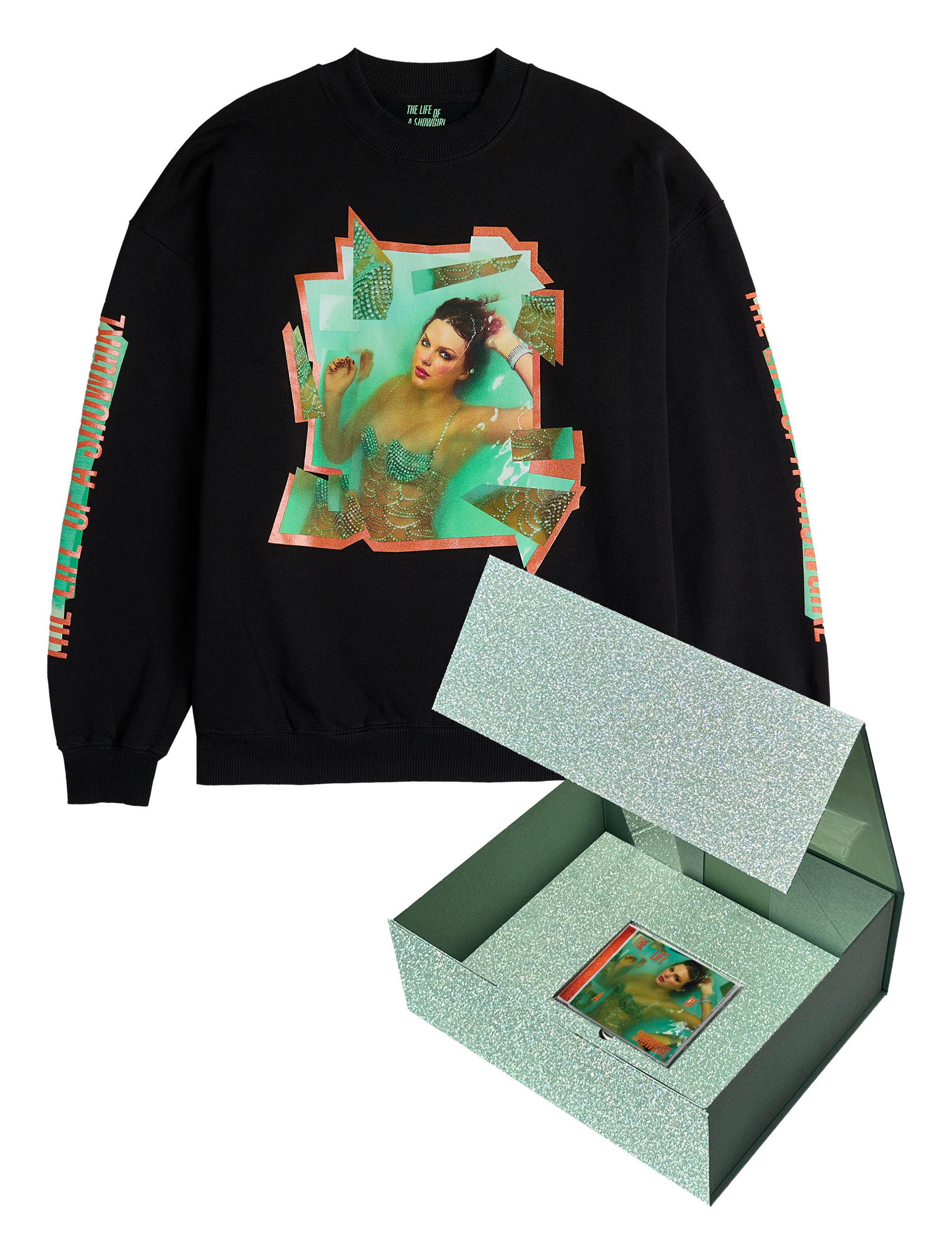 Alerts4Merch_CA's tweet card. The Life of a Showgirl Crewneck Sweatshirt Box Set Includes:Black long sleeve crewneck featuring photo of Taylor Swift with orange shimmer border printed on front, album logo,"Taylor Swift" and track...