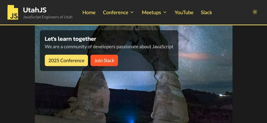 utjs's tweet card. JavaScript Engineers of Utah. Join us at meetups and conferences to learn about all parts of web development