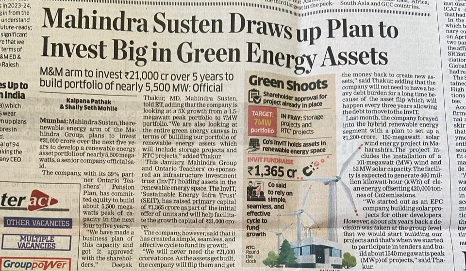 DCThakur_2604's tweet card. 🌍 Exciting News! Mahindra Susten is set to invest ₹21,000 crores over the next 5 years, targeting nearly 5,500 MW portfolio in renewable energy. This strategic move underlines our commitment to...