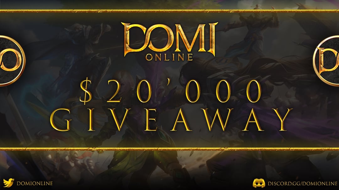 DomiOnline's tweet card. 💫 Welcome to the DOMI Online Early Adopters $20,000 Giveaway💫 DOMI is the first fully-immersive MMORPG built on the #blockchain. In anticipation of our upcoming alpha release, we are doing a MAJOR...