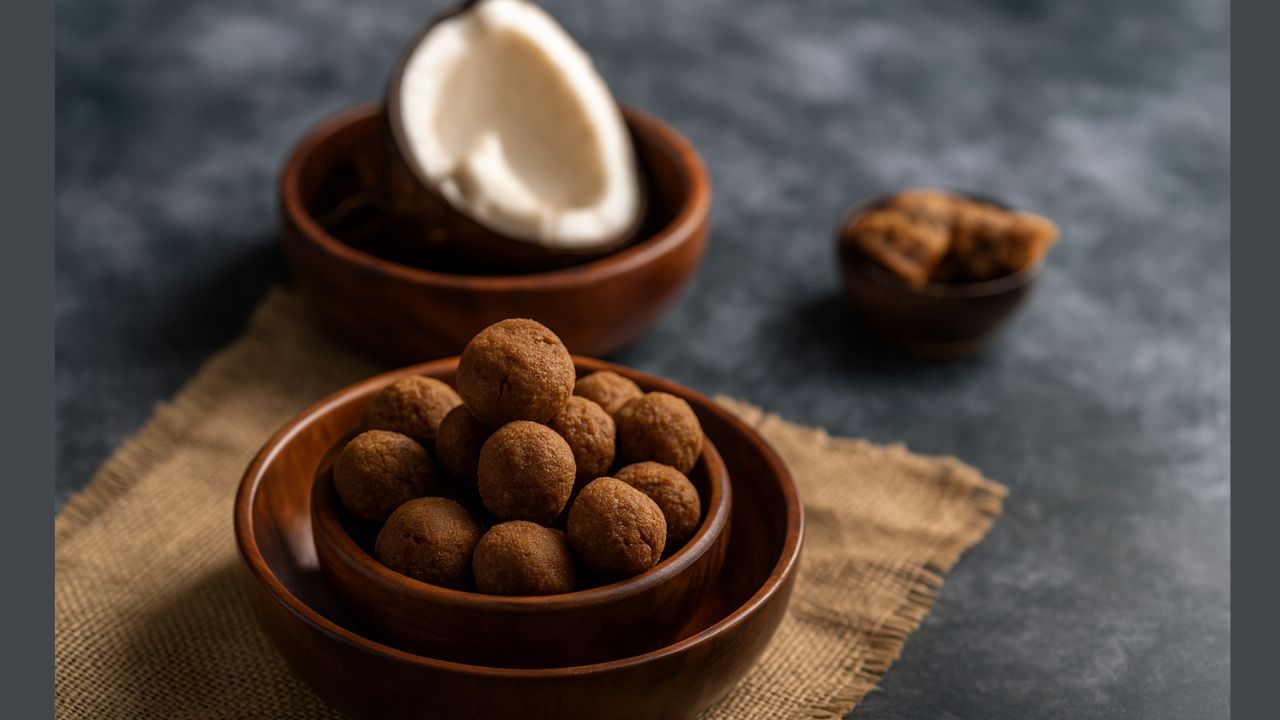kjkrishimedia's tweet card. Coconut Jaggery Laddoos are a healthy, traditional Indian sweet made with coconut, jaggery, and dry fruits. Jaggery adds natural sweetness and essential minerals, offering numerous health benefits....
