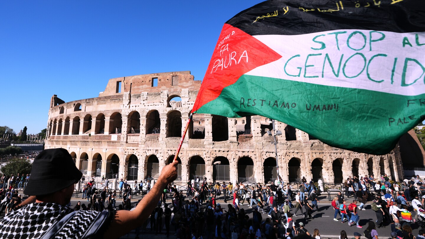 AP's tweet card. Hundreds of thousands of Italians and Spaniards marched in Rome, Barcelona and Madrid against Israel’s military campaign in Gaza in a massive show of growing international anger at the two-year war.