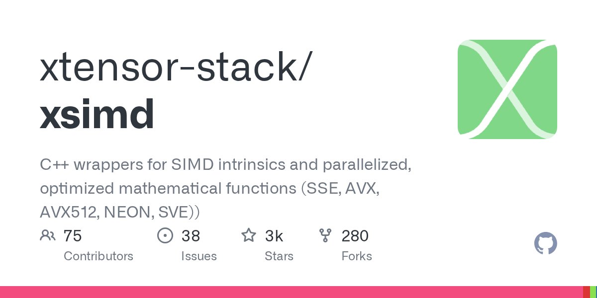 wolfvollprecht's tweet card. C++ wrappers for SIMD intrinsics and parallelized, optimized mathematical functions (SSE, AVX, AVX512, NEON, SVE)) - xtensor-stack/xsimd