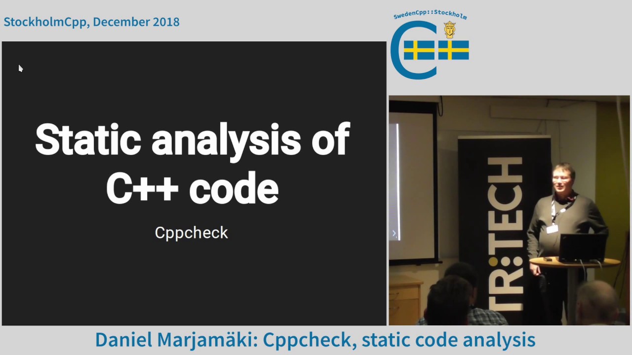 StockholmCpp's tweet card. Daniel Marjamäki: Cppcheck, static code analysis