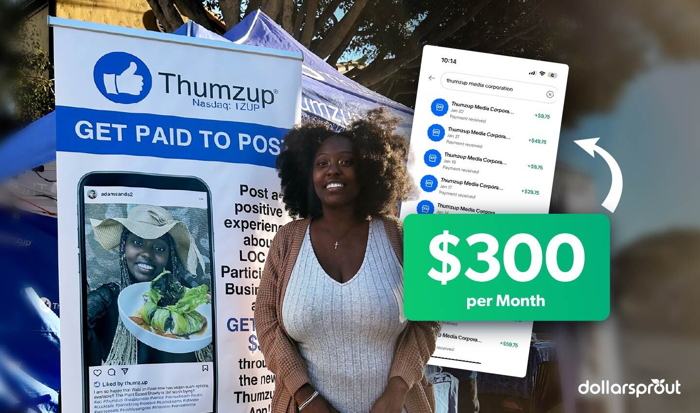 DollarSprout's tweet card. Iman Wims turned casual social media posts into steady income, earning $10–$20 per post by promoting local businesses. Learn how she does it.