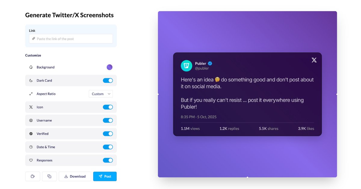 _screenshoter's tweet card. Publer's screenshoter lets you capture beautiful, shareable screenshots of Twitter/X posts or threads from a URL. No ads. No watermarks.