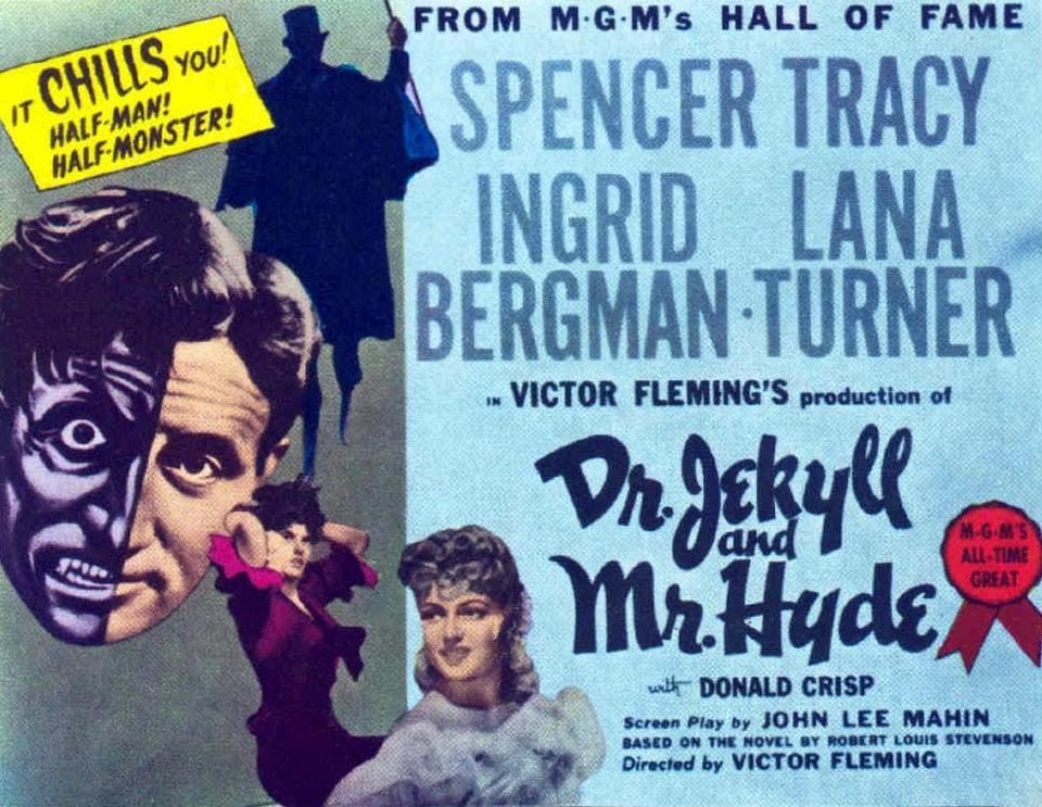 cinemahistory_'s tweet card. Descubre Dr. Jekyll and Mr. Hyde (1941), la adaptación de MGM con Spencer Tracy, Ingrid Bergman y Lana Turner, un clásico del cine que explora la dualidad del alma humana con intensidad dramática.