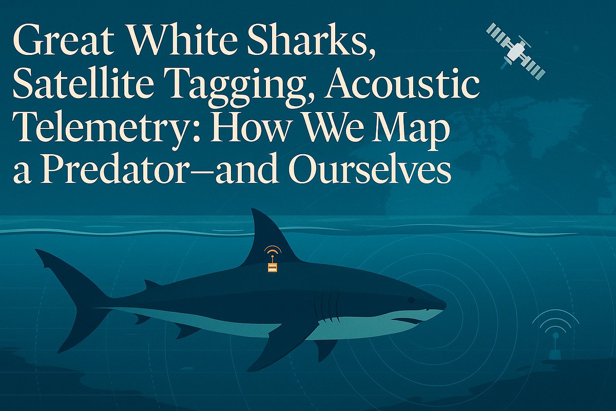 ThinkDigest's tweet card. Great white sharks, satellite tagging, and acoustic telemetry — how data turns fear into maps and ethics into action.