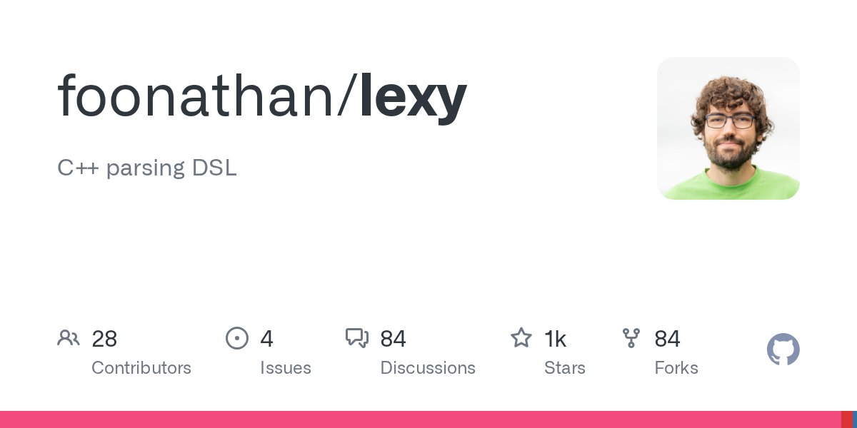foonathan's tweet card. C++ parsing DSL. Contribute to foonathan/lexy development by creating an account on GitHub.