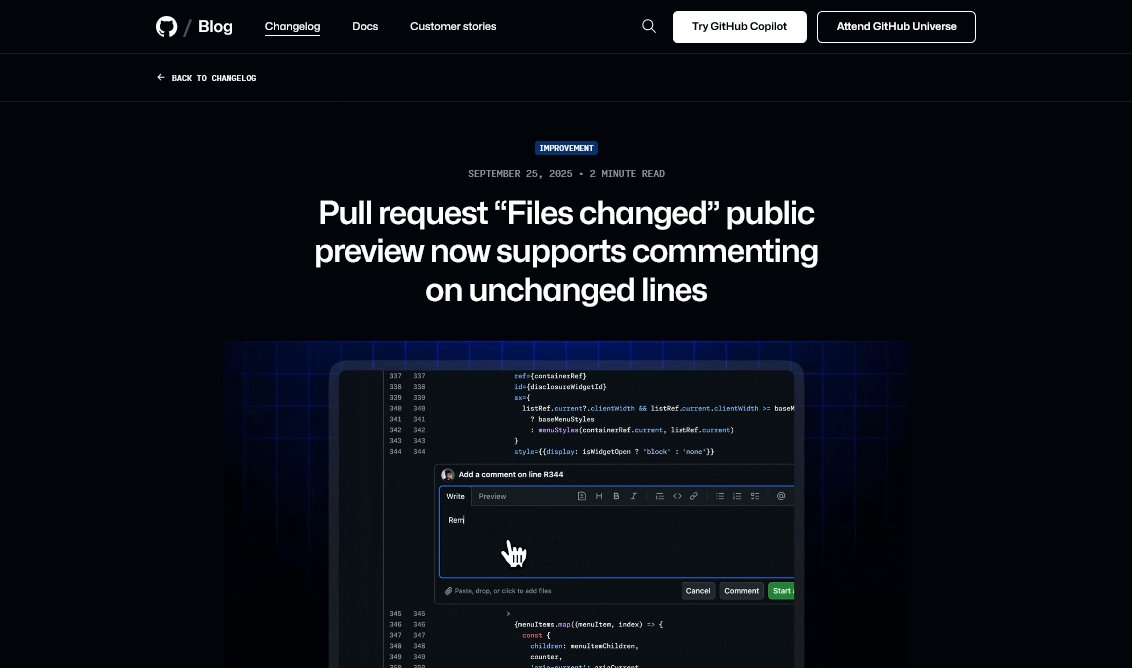 Tom_Java_Tech's tweet card. GitHubは2025年9月25日、プルリクエストの新しい「Files changed」ページにおいて、変更されたファイル内の未変更行を含む任意の行へコメントできる機能を追加したことを発表し、リポジトリ単位で段階的に展開していることを案内した。