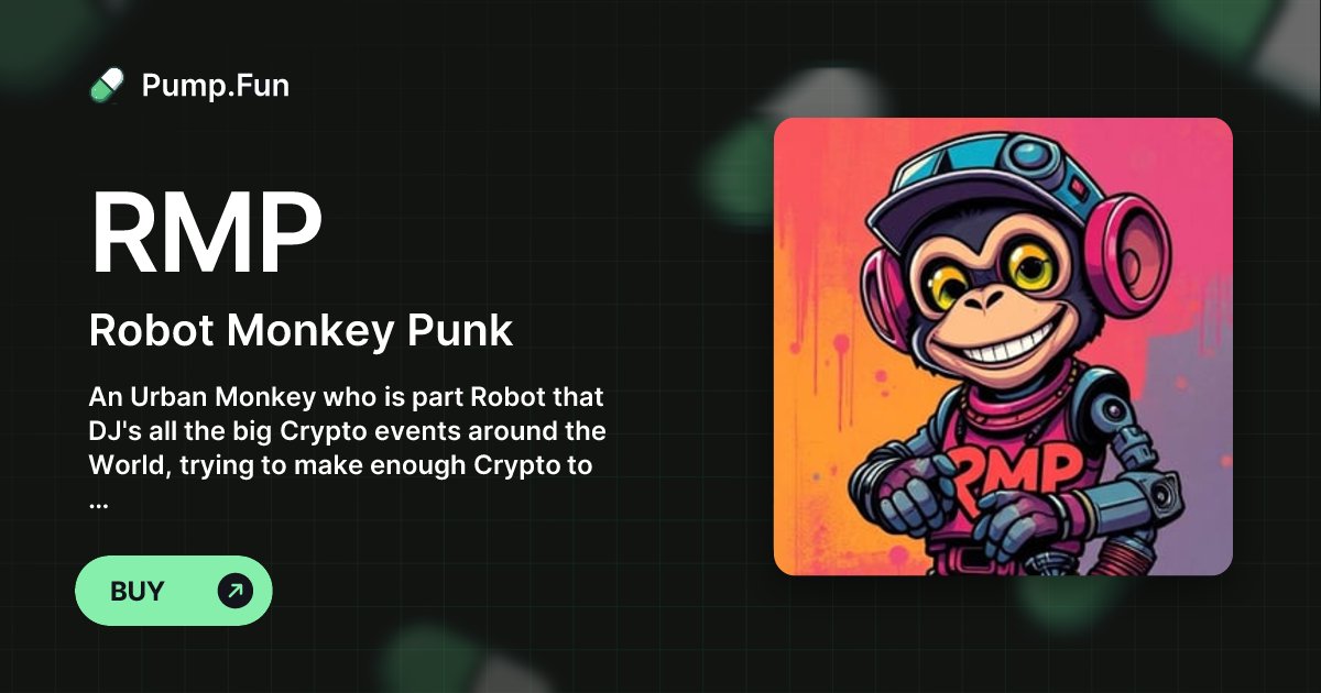 RobotMonkeyPunk's tweet card. An Urban Monkey who is part Robot that DJ's all the big Crypto events around the World, trying to make enough Crypto to get to the Moon, where he will DJ the biggest Crpto party the Universe has ever...