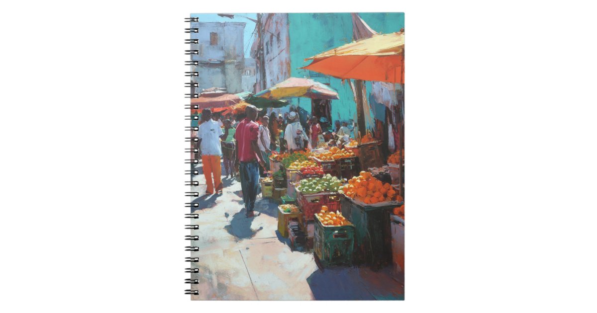 JK_Coll's tweet card. This notebook cover captures the lively atmosphere of a bustling street market, filled with colorful fruit stands under bright umbrellas. The painterly style and warm palette bring the energy of...