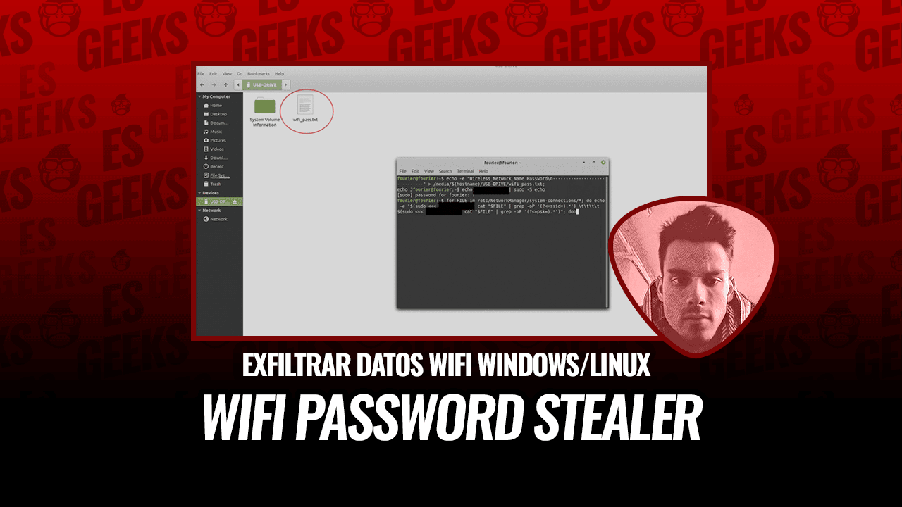 EsGeeks's tweet card. Una herramienta simple de inyección de pulsaciones de teclas para Windows y Linux que exfiltra datos de WiFi almacenados (SSID y contraseña).