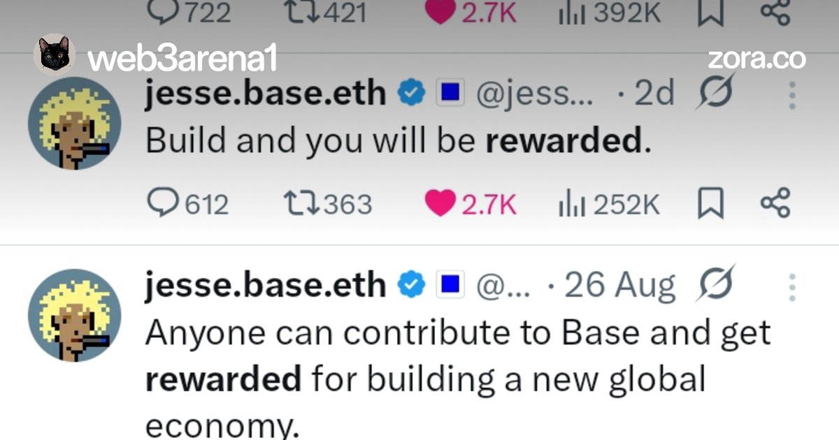 0xWeb3Arena's tweet card. Hey chads, let's reward Jesse's tweets by coining and sending it beyond the moon. LFG 🚀