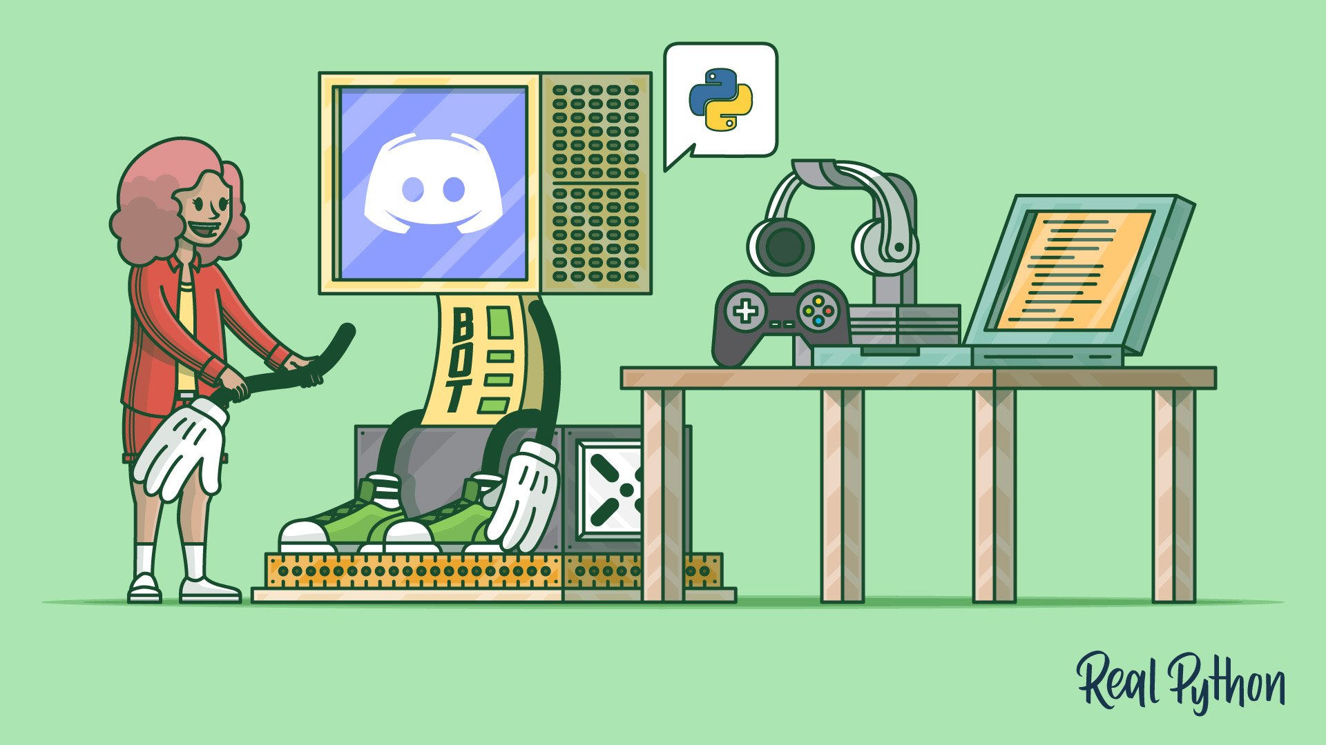 realpython's tweet card. In this step-by-step tutorial, you'll learn how to make a Discord bot in Python and interact with several APIs. You'll learn how to handle events, accept commands, validate and verify input, and all...