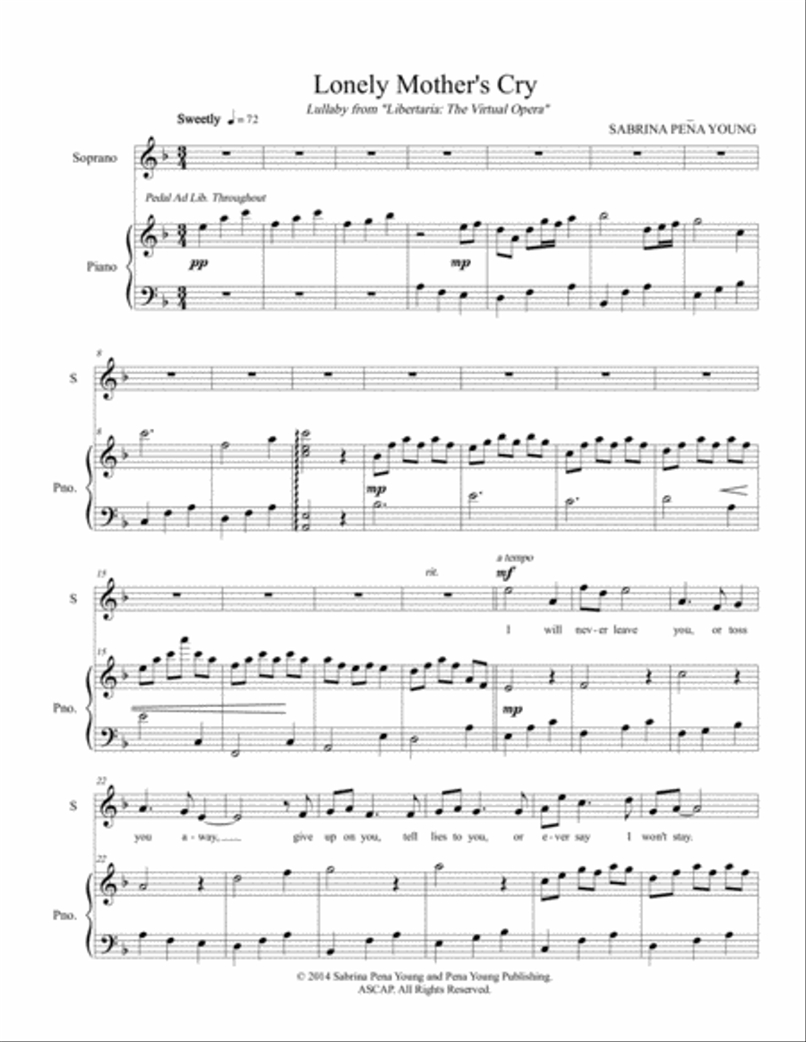 dalatindiva's tweet card. Shop and Buy Lonely Mother's Cry Lullaby sheet music. Soprano voice,Vocal Solo sheet music book by Sabrina Pena Young: Sabrina Peña Young at Sheet Music Plus. (A0.976931).