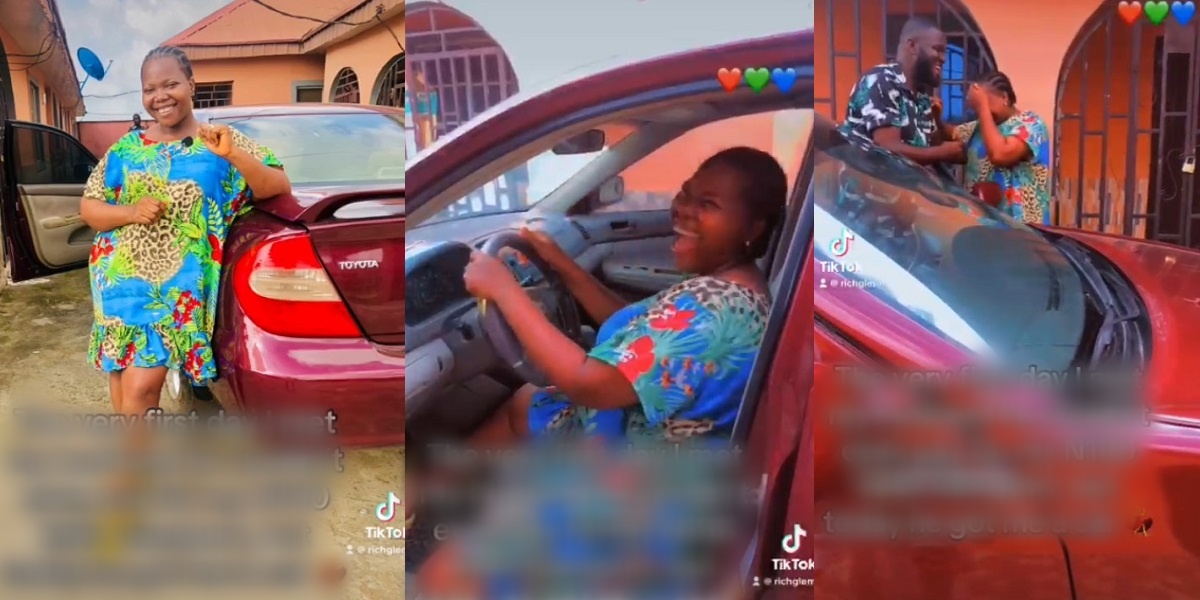yabaleftonline's tweet card. A Nigerian woman, identified as @richglemi on TikTok, has expressed her joy and gratitude towards her husband for gifting her a car.