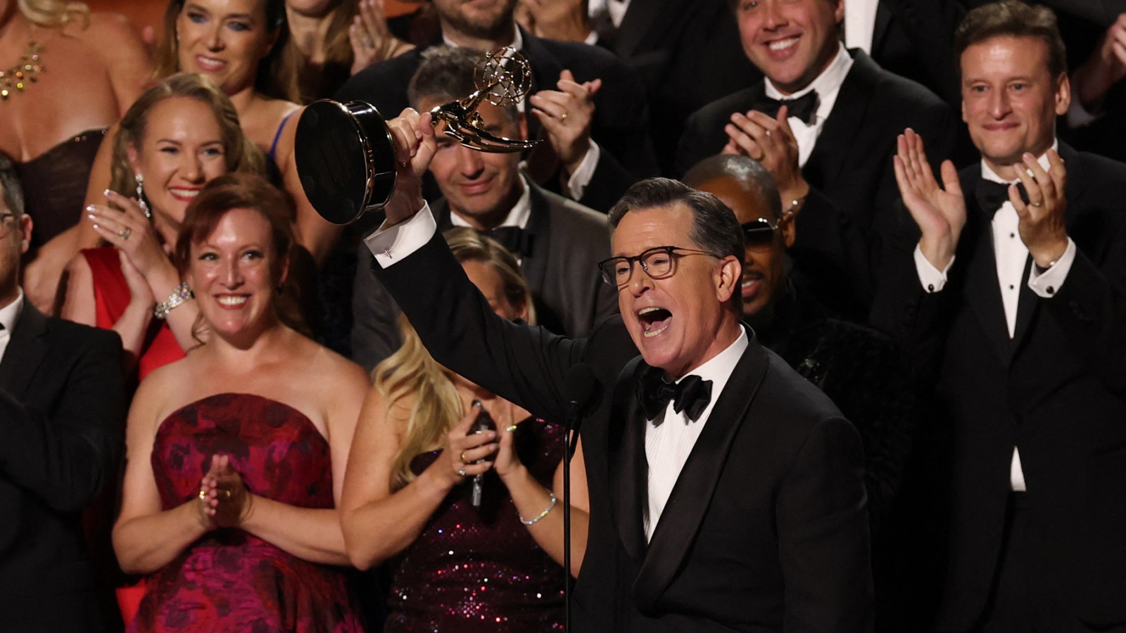 RollingStone's tweet card. Stephen Colbert accepted the Emmy for Outstanding Talk Series, reflecting on love, loss, and the end of 'The Late Show.'