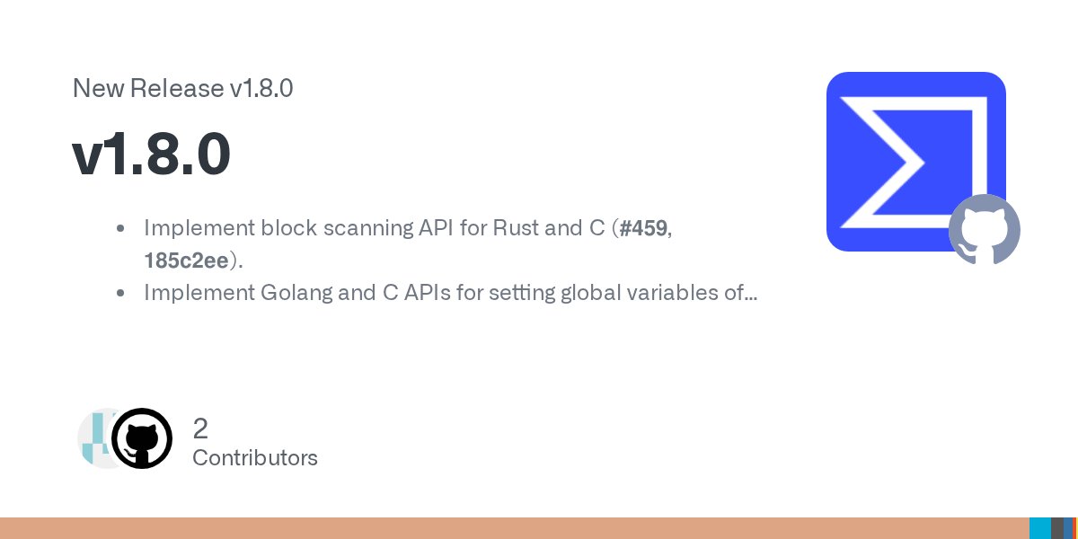 plusvic's tweet card. Implement block scanning API for Rust and C (#459, 185c2ee). Implement Golang and C APIs for setting global variables of type array and structure (#449). Add iterator for Rules object in Python (#4...