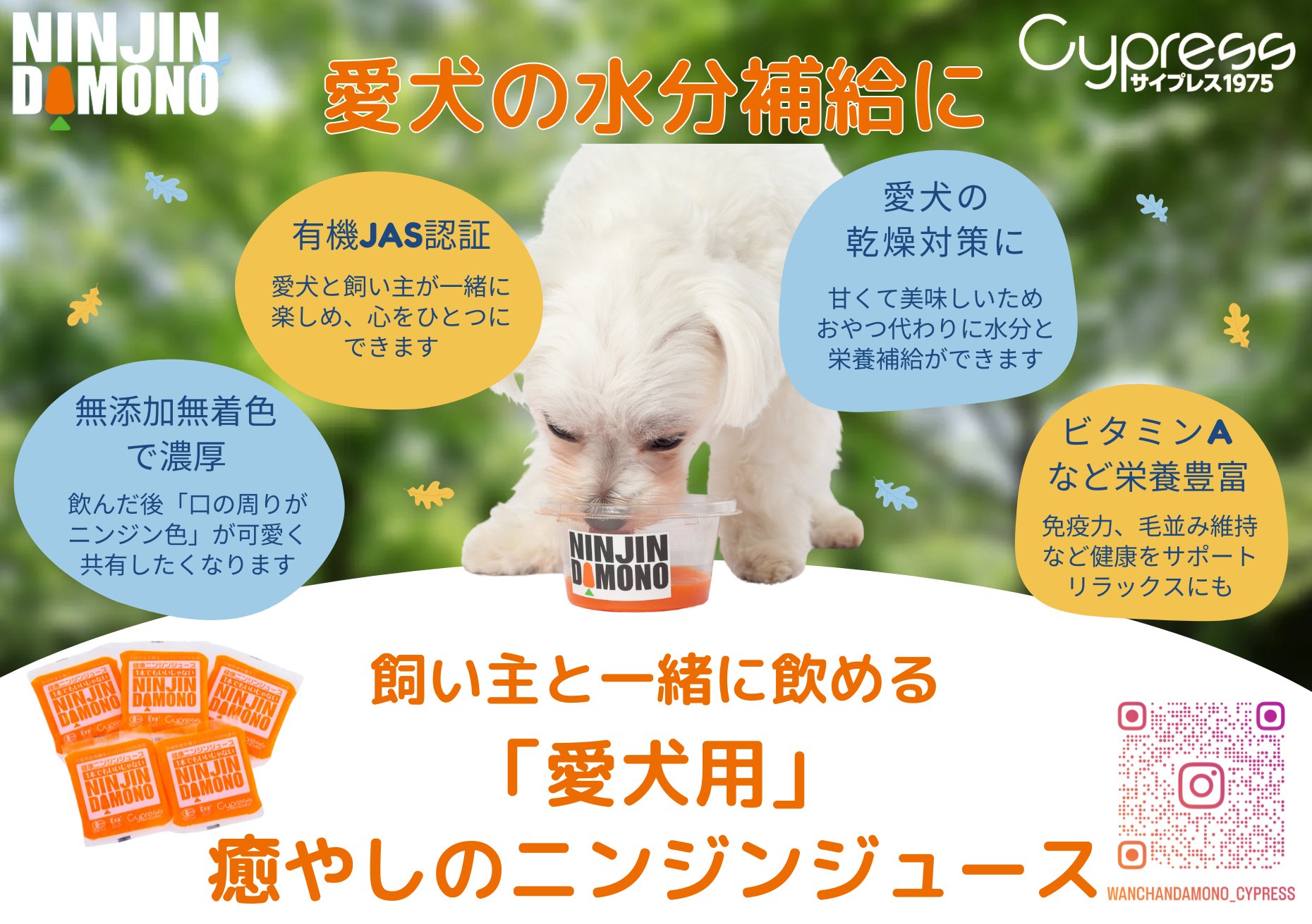 Wanchan_Cypress's tweet card. 愛犬の水分補給・栄養管理に 30年以上の実績を誇る化学肥料・農薬不使用の「有機JAS認証」ニンジンジュース 無添加無着色で安心安全、愛犬と一緒に飲んで絆を深めましょう