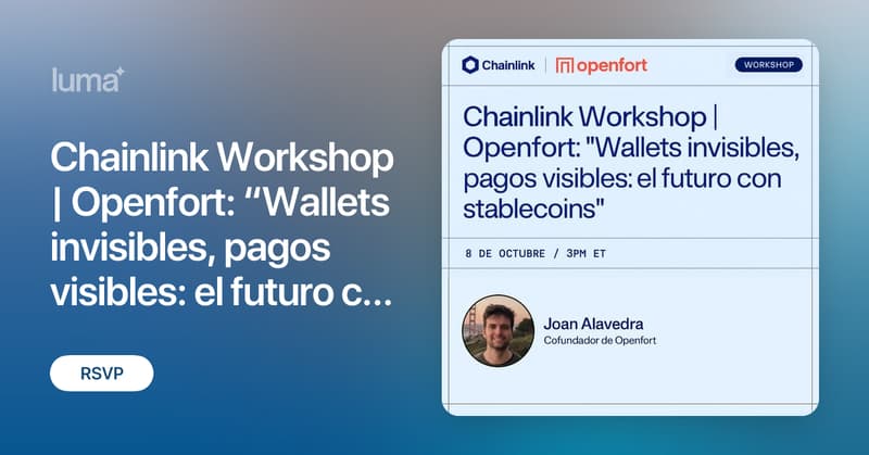 marcromerona's tweet card. ¡Prepárate para una sesión práctica sobre cómo crear pagos con stablecoins! Únete a nuestro workshop de Chainlink, donde presentaremos Openfort, la…
