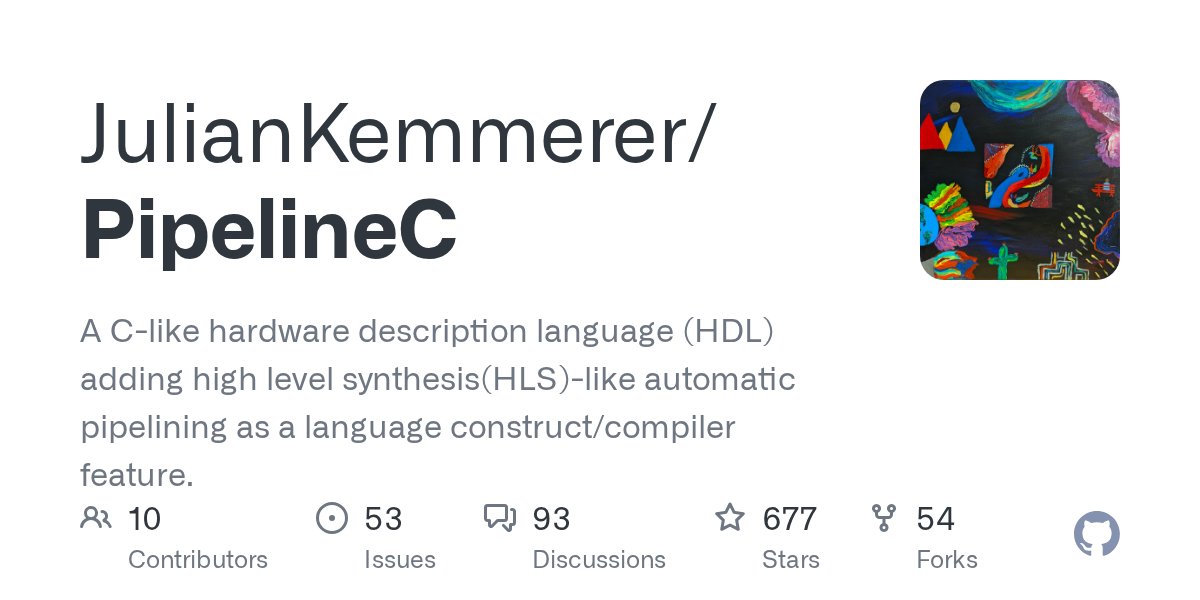 BrunoLevy01's tweet card. A C-like hardware description language (HDL) adding high level synthesis(HLS)-like automatic pipelining as a language construct/compiler feature. - JulianKemmerer/PipelineC
